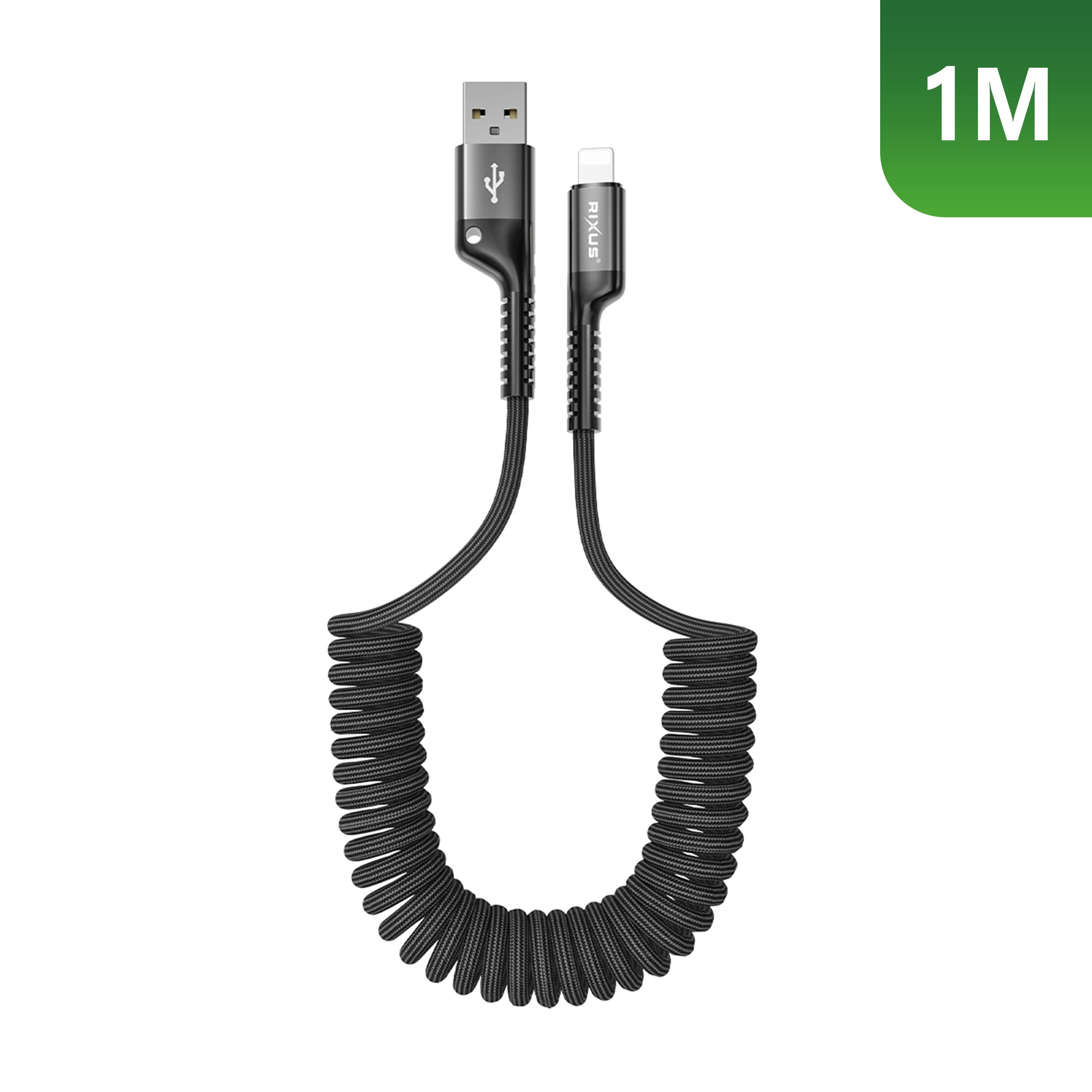Rixus RXUC17AL Retractable Spring Kabel USB-A To Lightning Anschluss Black