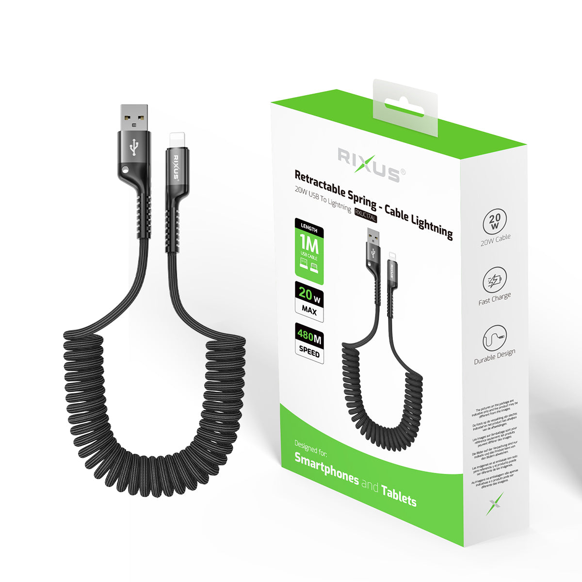 Rixus RXUC17AL Retractable Spring Kabel USB-A To Lightning Anschluss Black – Bild 4