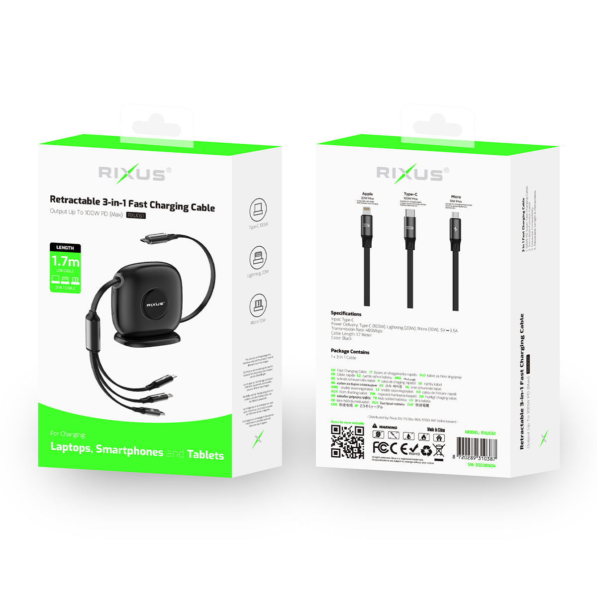 Rixus RXUC61 Retractable 3 in 1 Kabel Desktop USB-C Fast Charger 1.7m 100W Black – Bild 4
