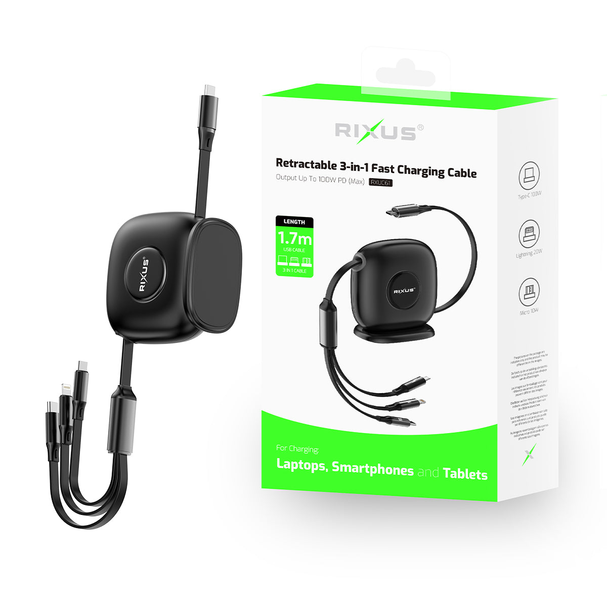 Rixus RXUC61 Retractable 3 in 1 Kabel Desktop USB-C Fast Charger 1.7m 100W Black – Bild 5