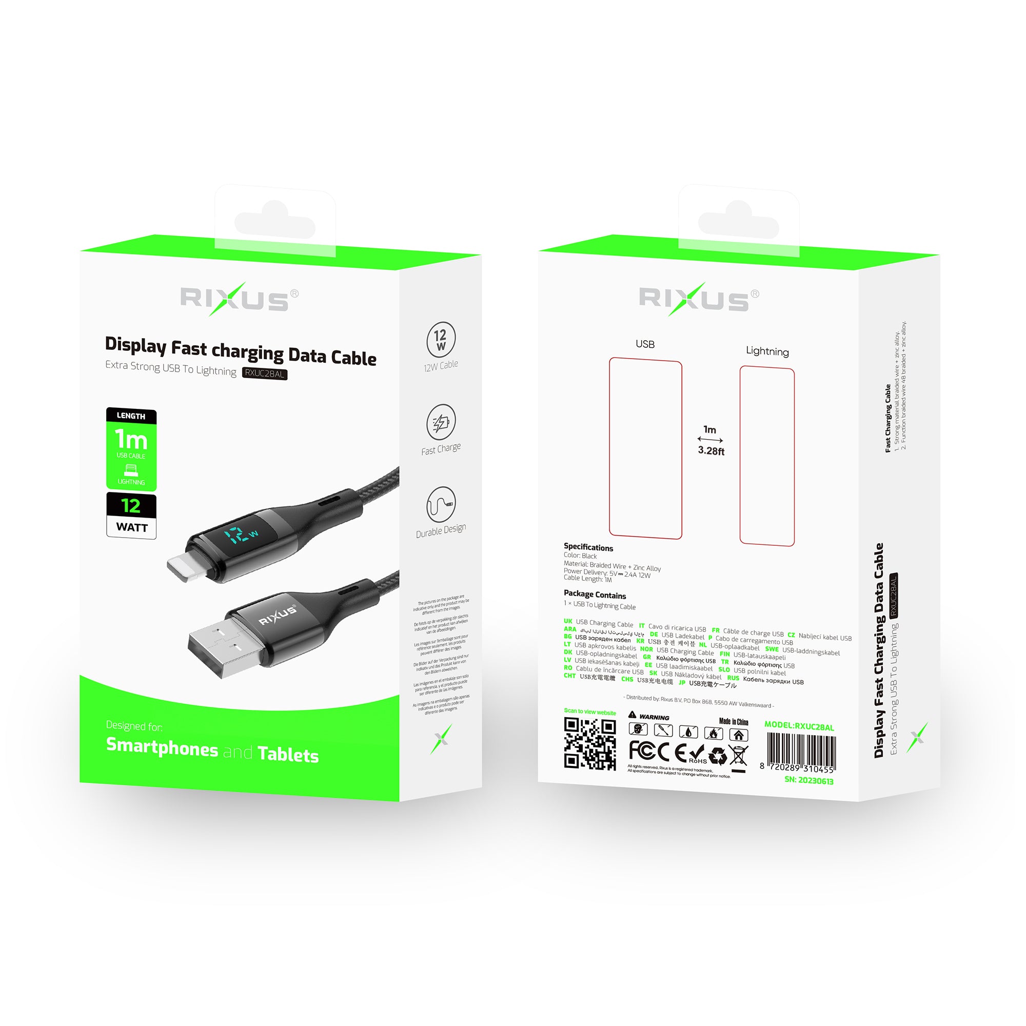 Rixus RXUC28AL Braided USB To Lightning Anschluss Kabel mit LED Display 1m Black – Bild 5