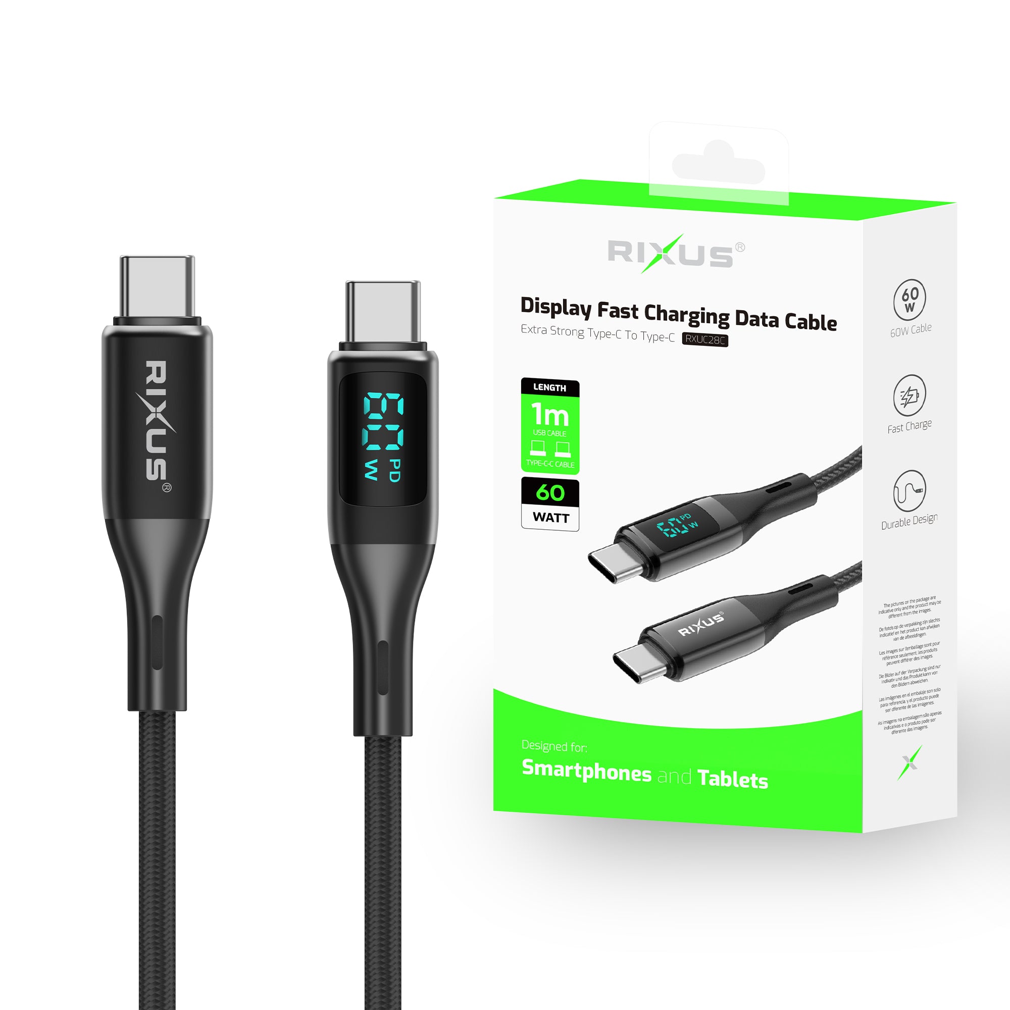 Rixus RXUC28C Braided USB-C Kabel mit LED Display 1m Black – Bild 4