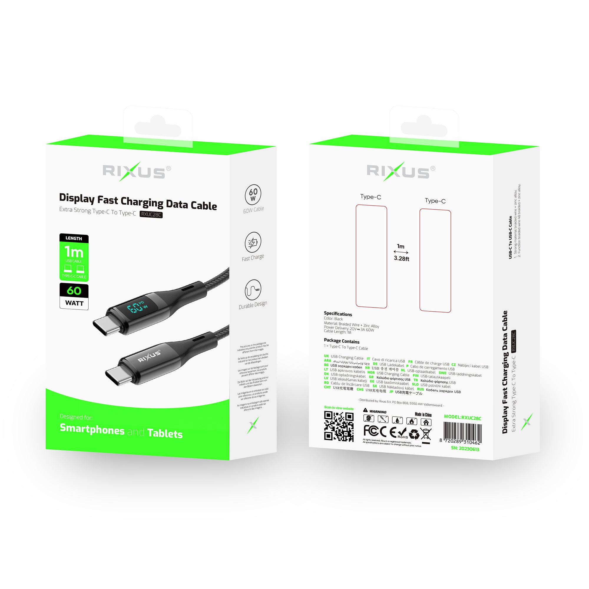Rixus RXUC28C Braided USB-C Kabel mit LED Display 1m Black – Bild 5