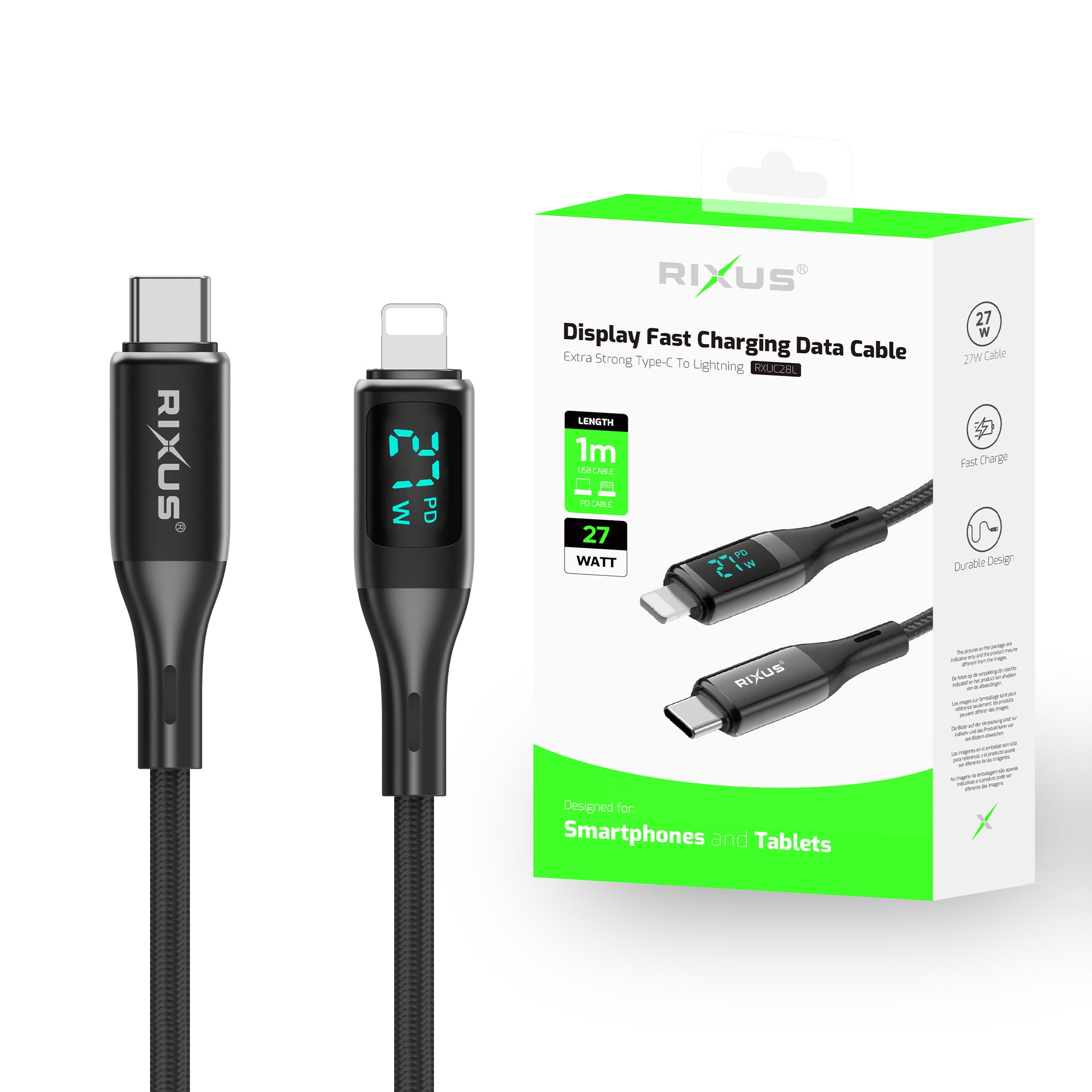 Rixus RXUC28L Braided USB-C To Lightning Anschluss Kabel mit LED Display 1m Black – Bild 4