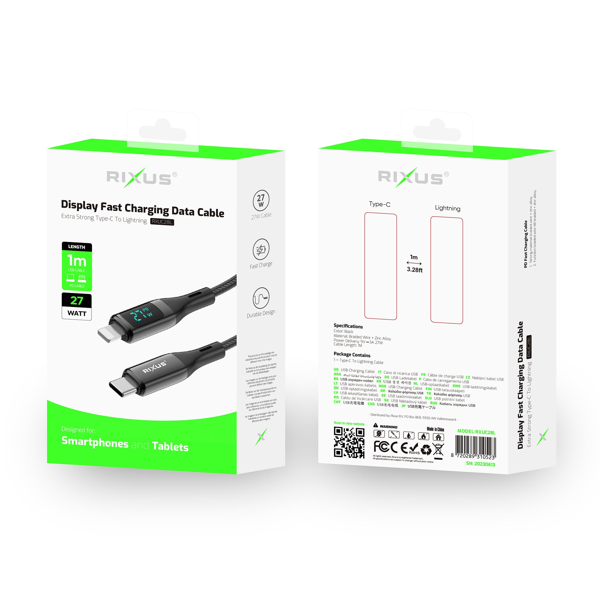 Rixus RXUC28L Braided USB-C To Lightning Anschluss Kabel mit LED Display 1m Black – Bild 5