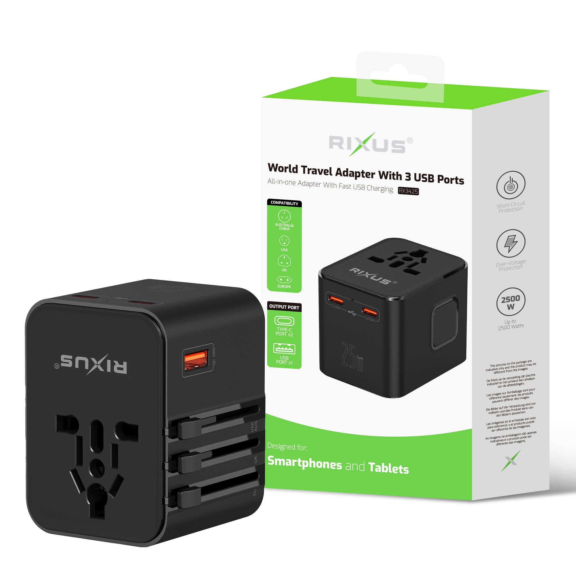 Rixus RX3425 World Travel Adapter 25W mit 3 USB Ports Black – Bild 5