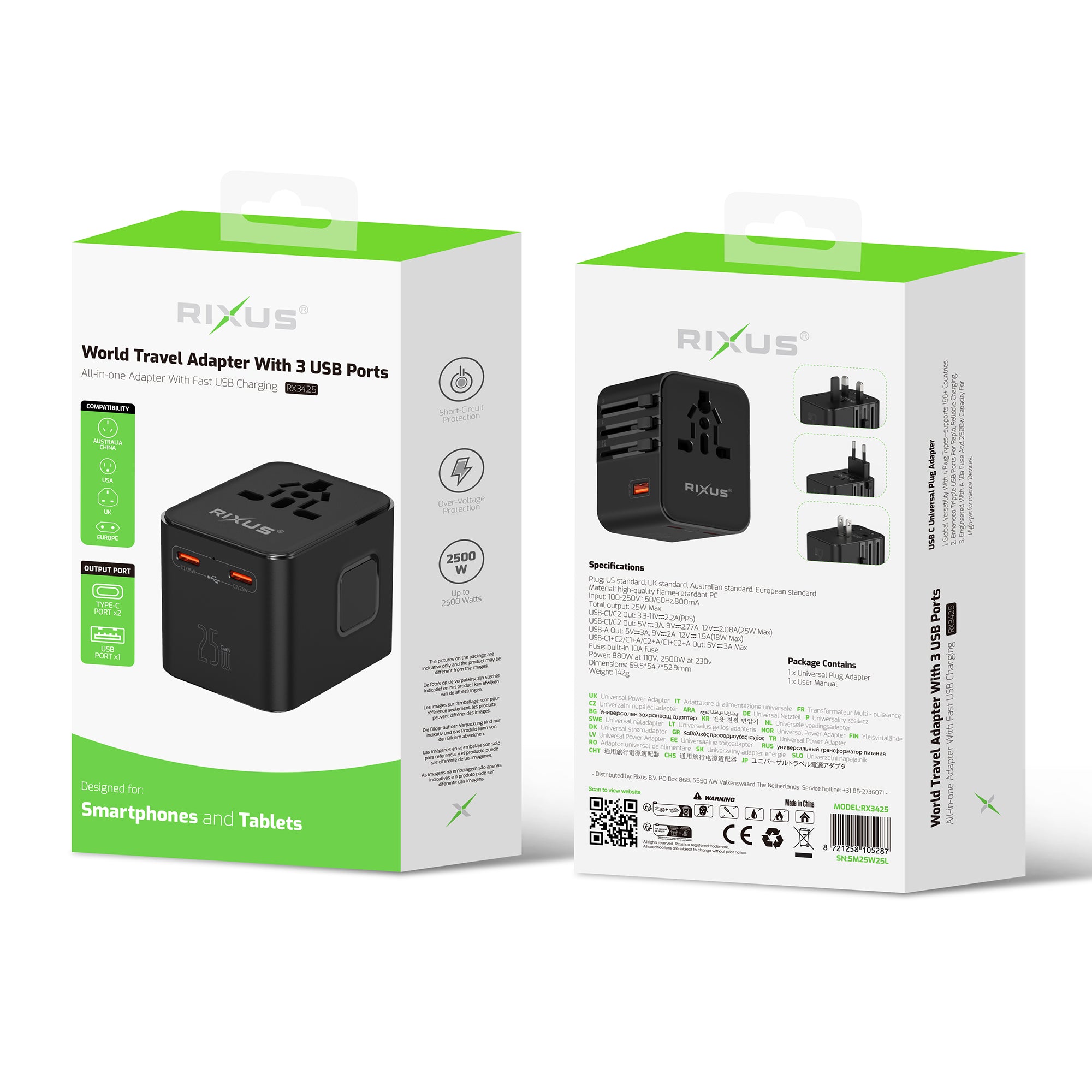 Rixus RX3425 World Travel Adapter 25W mit 3 USB Ports Black – Bild 6