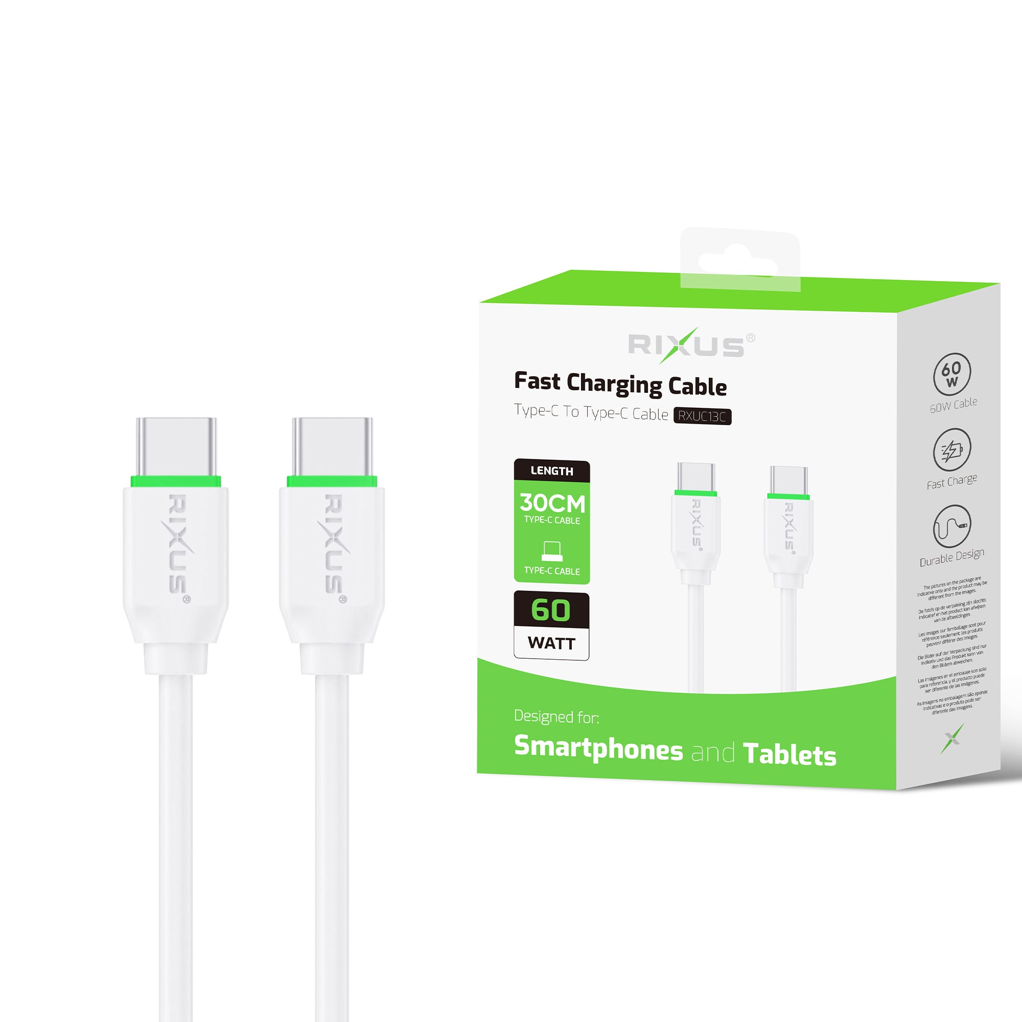 Rixus RXUC13C Fast Ladekabel USB-C To USB-C 30cm White – Bild 4