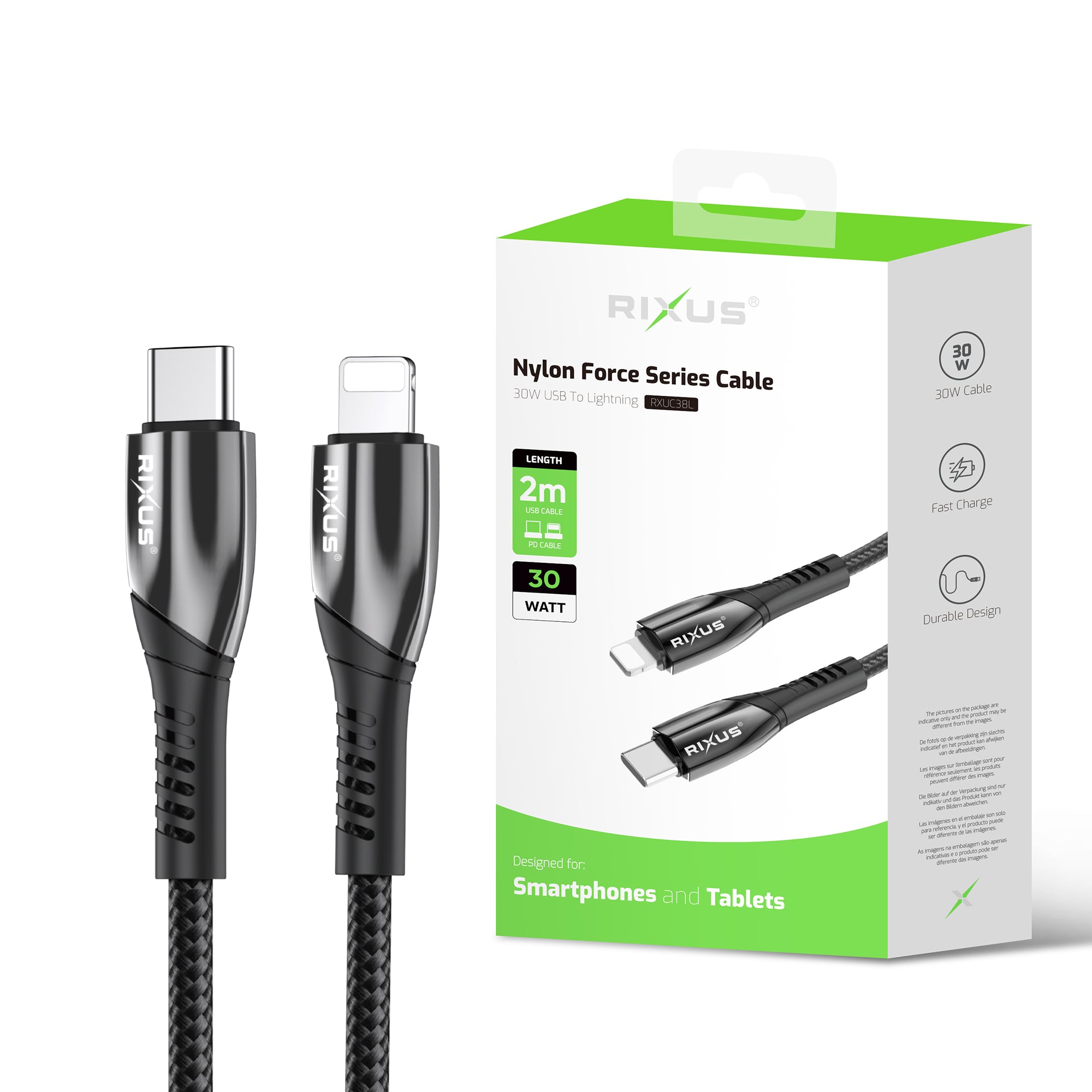 Rixus RXUC38L Fast Ladekabel USB-C To Lightning Anschluss Nylon 2m Black – Bild 4