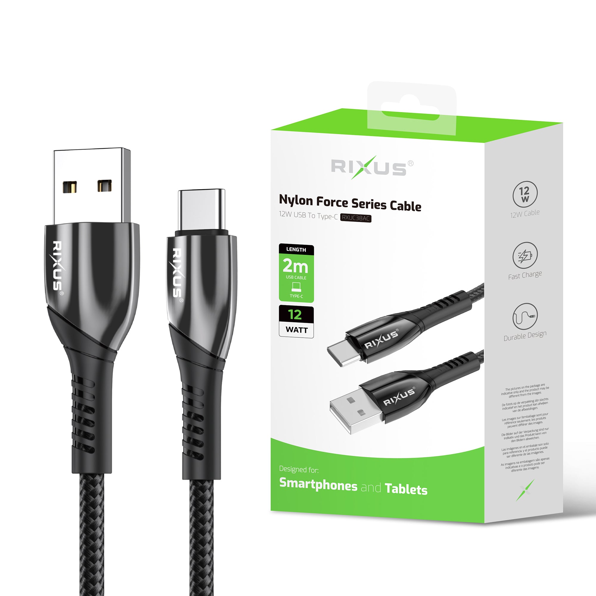 Rixus RXUC38AC Ladekabel USB-A To USB-C Braided Nylon 2m Black – Bild 4