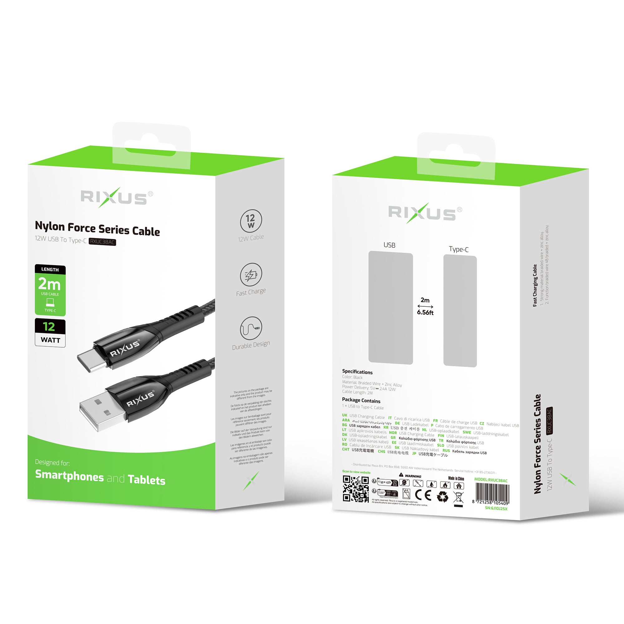 Rixus RXUC38AC Ladekabel USB-A To USB-C Braided Nylon 2m Black – Bild 5