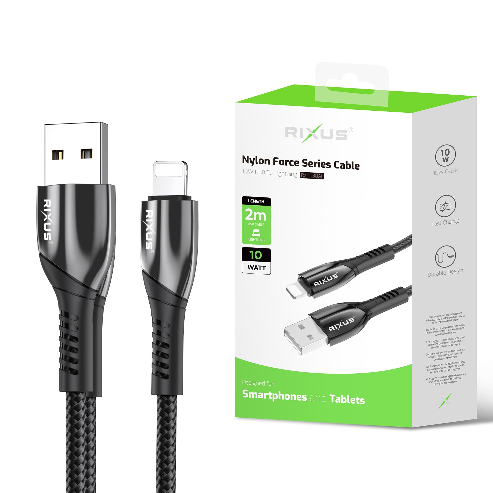 Rixus RXUC38AL Ladekabel USB-A To Lightning Anschluss Nylon 2m Black – Bild 4