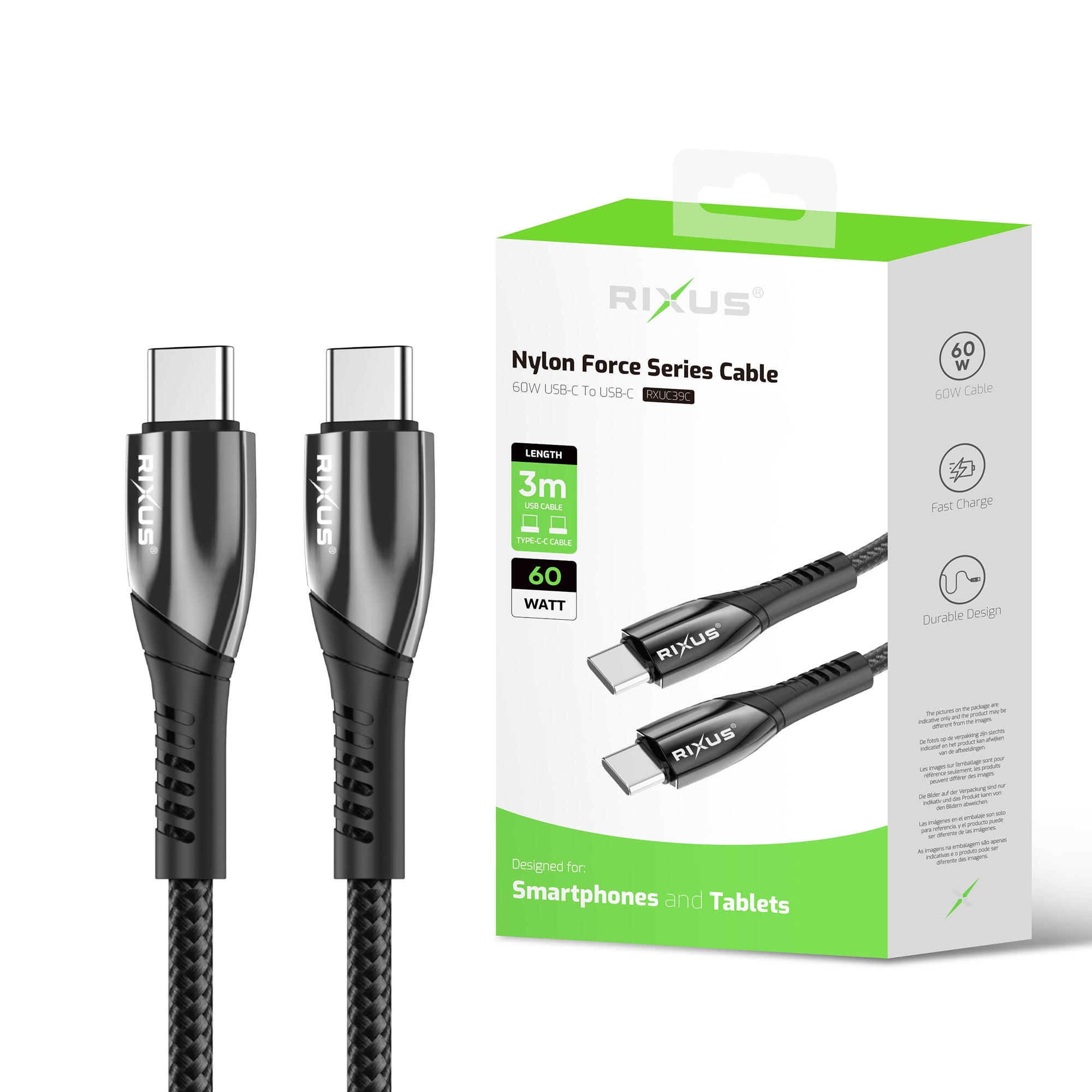 Rixus RXUC39C Fast Ladekabel USB-C To USB-C Braided Nylon 3m Black – Bild 5