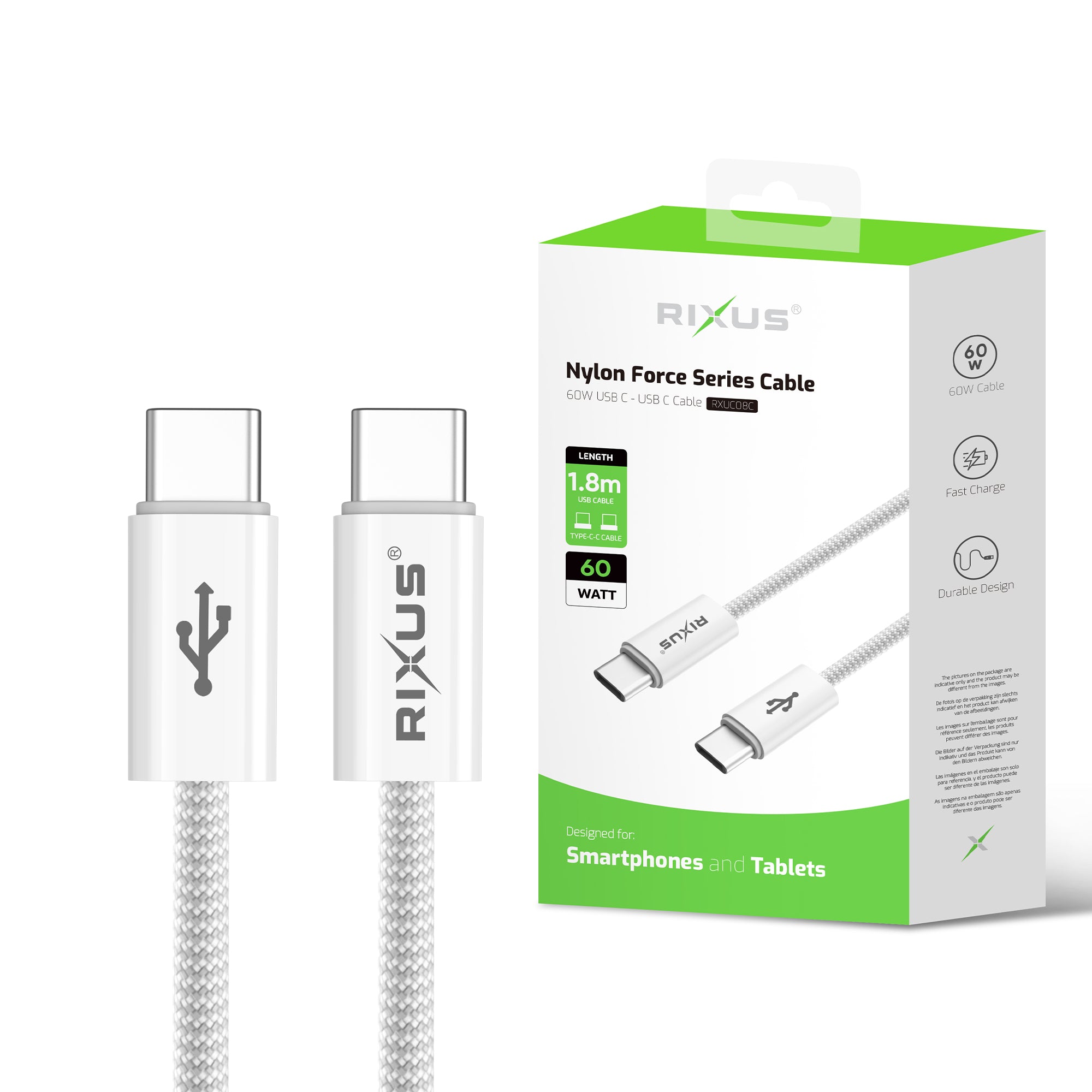 Rixus RXUC08C Fast Ladekabel USB-C To USB-C Kabel Braided Nylon 1.8m White – Bild 4