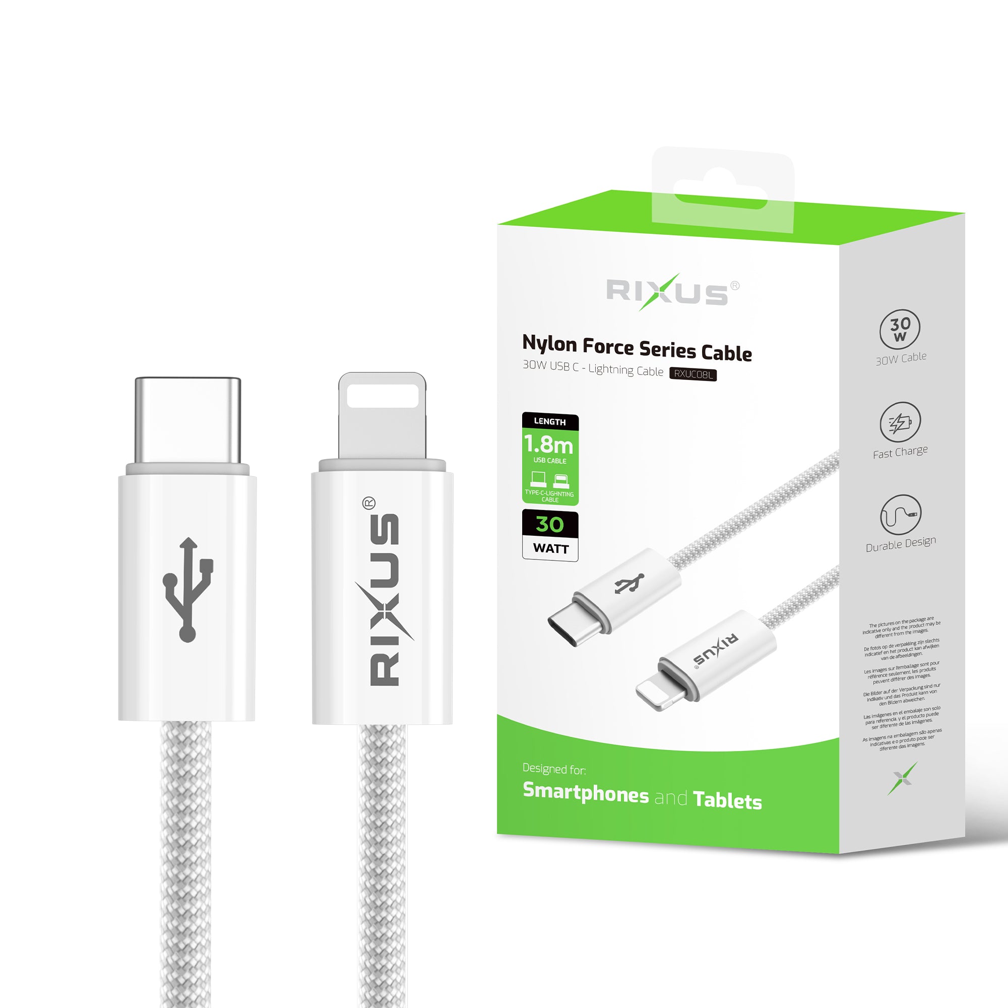 Rixus RXUC08L Fast Ladekabel USB-C To Lightning Anschluss Kabel Braided Nylon 1.8m White – Bild 4
