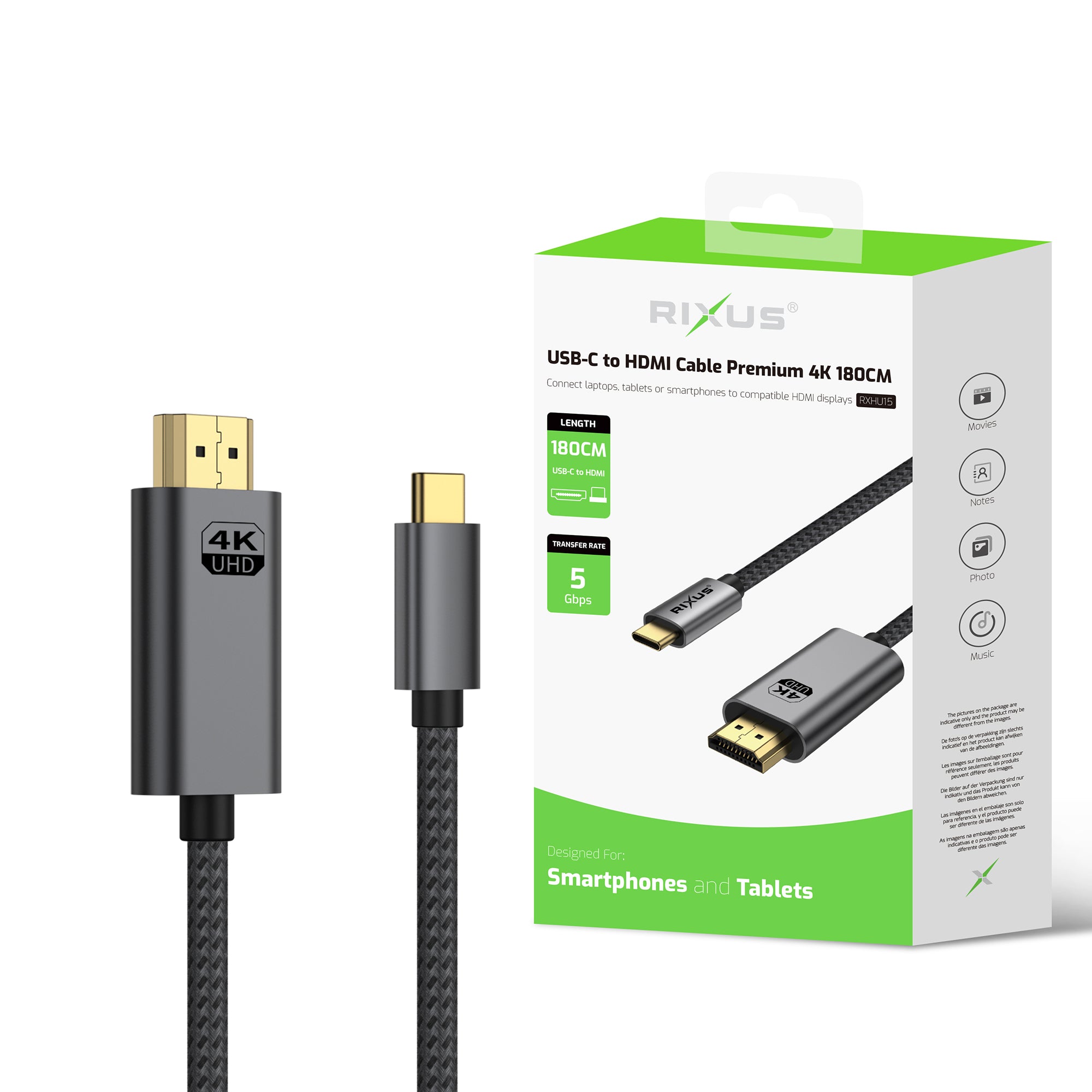 Rixus RXHU15 USB-C To HDMI Kabel Premium 4K 1.8m Space Gray – Bild 3