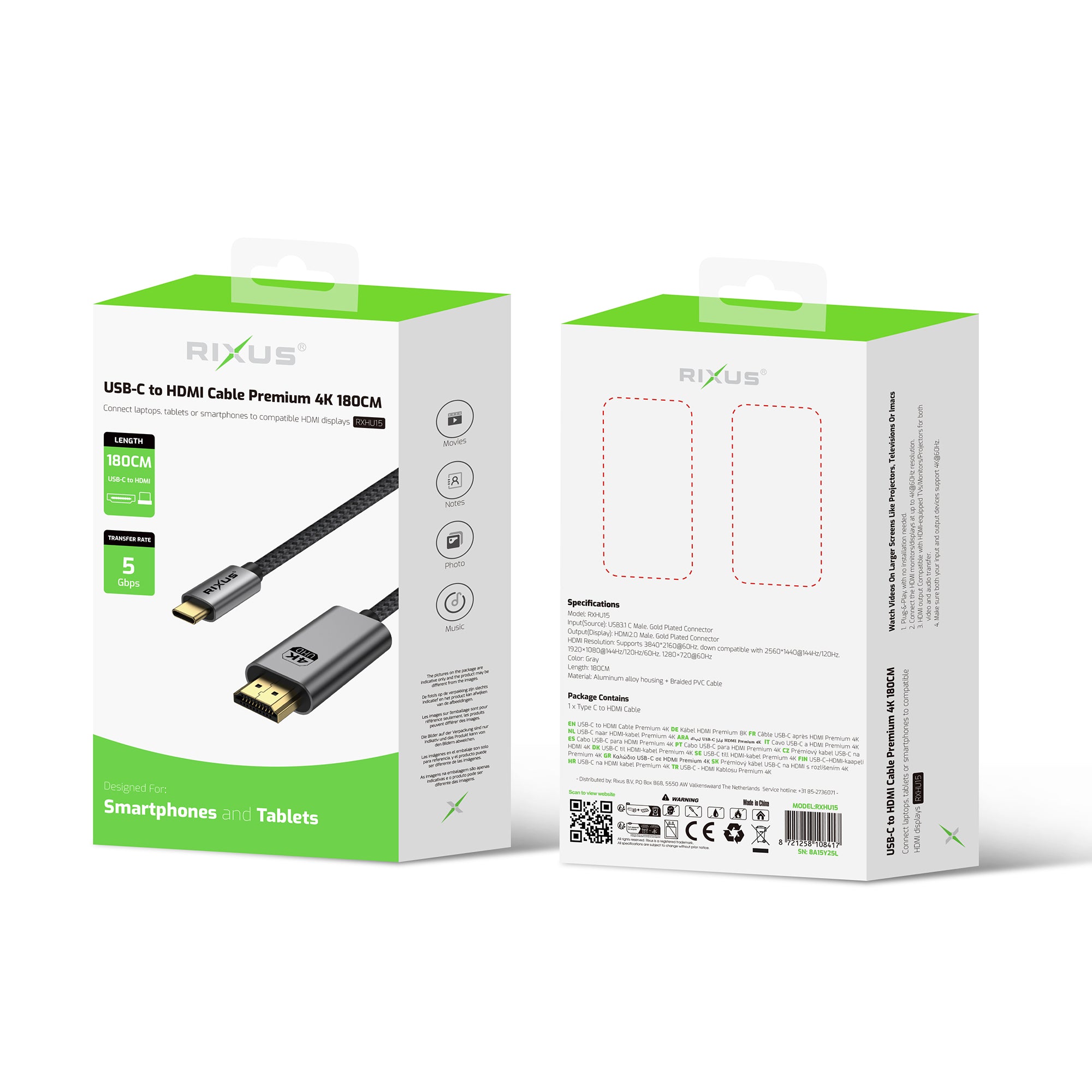Rixus RXHU15 USB-C To HDMI Kabel Premium 4K 1.8m Space Gray – Bild 4
