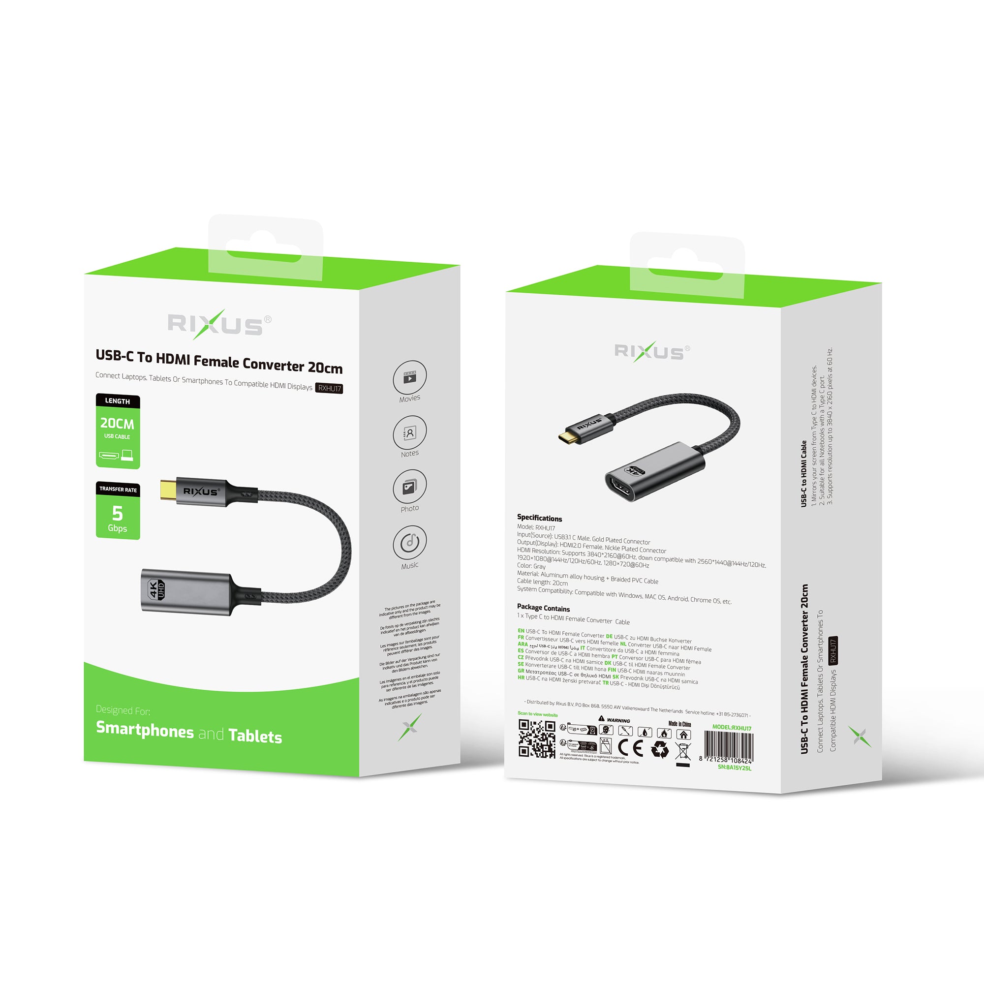 Rixus RXHU17 USB-C To HDMI Female Converter 20cm Space Gray – Bild 4