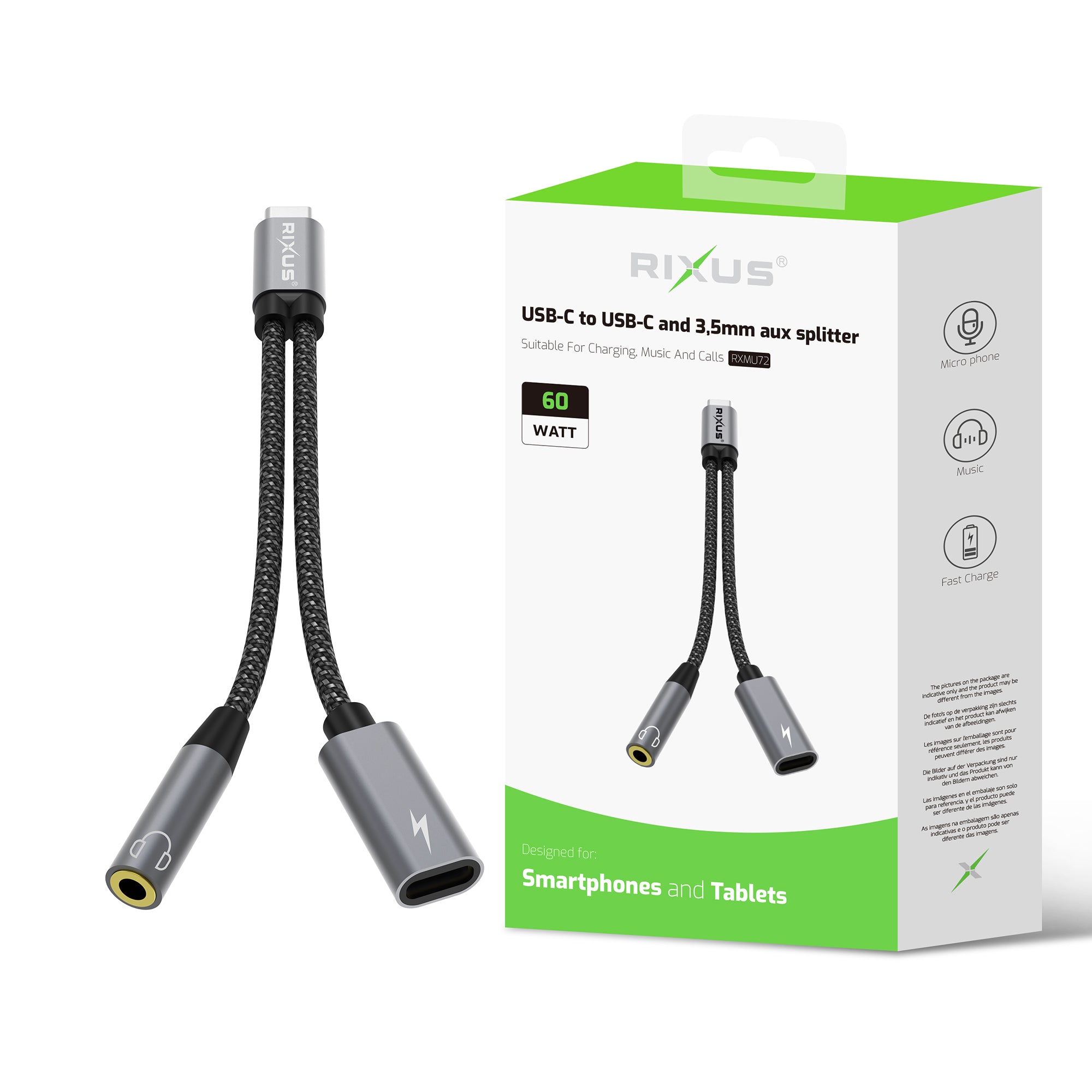 Rixus RXMU72 USB-C To USB-C und 3.5mm Aux Splitter 15cm Space Gray – Bild 3