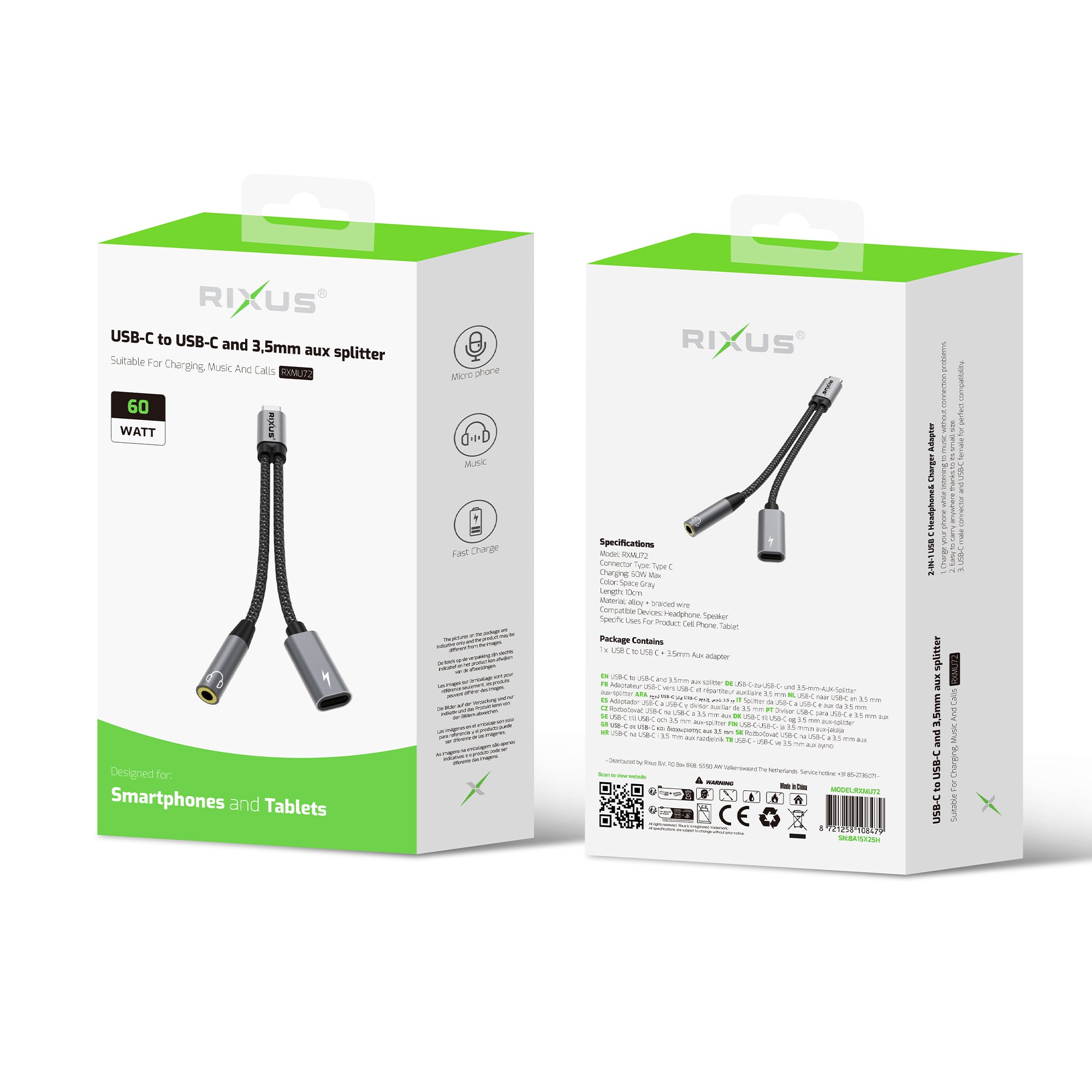 Rixus RXMU72 USB-C To USB-C und 3.5mm Aux Splitter 15cm Space Gray – Bild 4