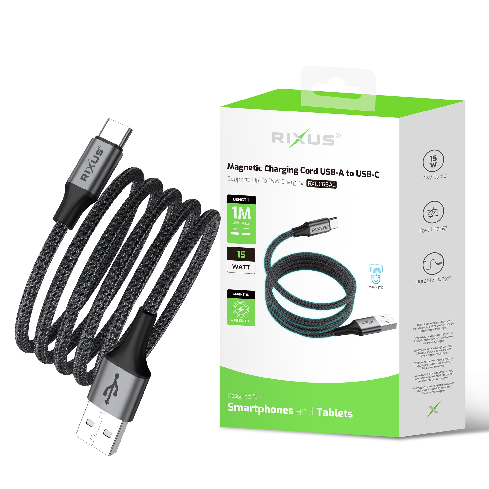 Rixus RXUC66AC Magnetic Charging Cord USB-A To USB-C 1m 15W Black – Bild 4
