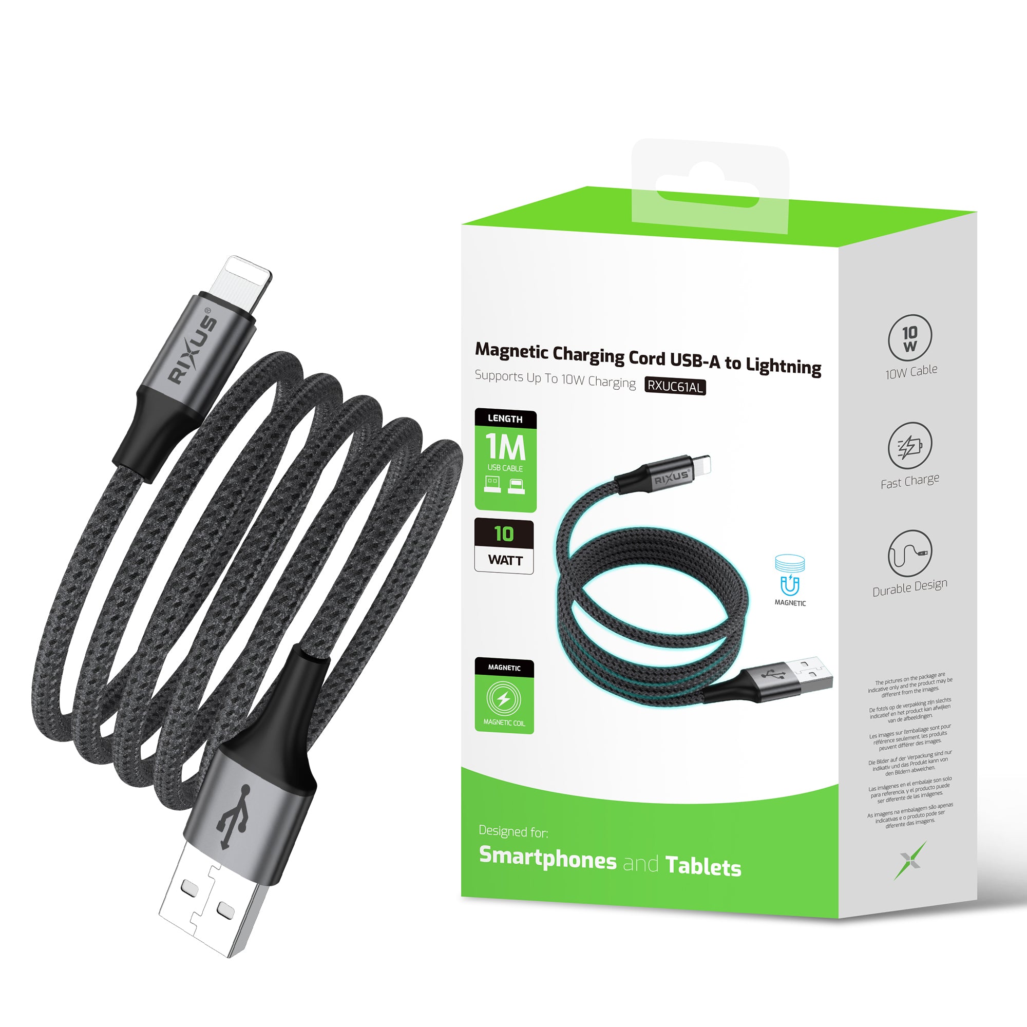 Rixus RXUC66AL Magnetic Charging Cord USB-A To Lightning Anschluss 1m 10W Black – Bild 4