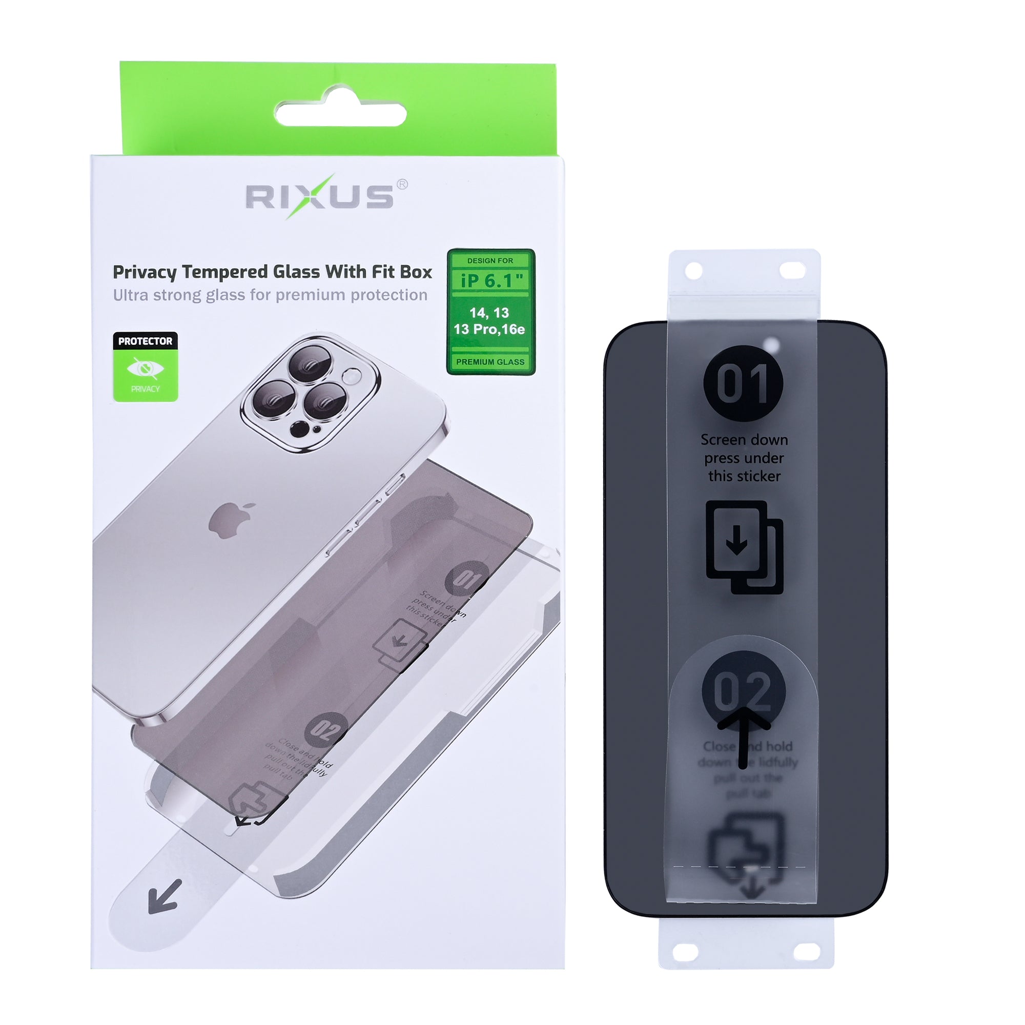 Rixus Privacy Panzerglas mit Fit Box für Apple iPhone 14, 13, 13 Pro, 16e, 17e