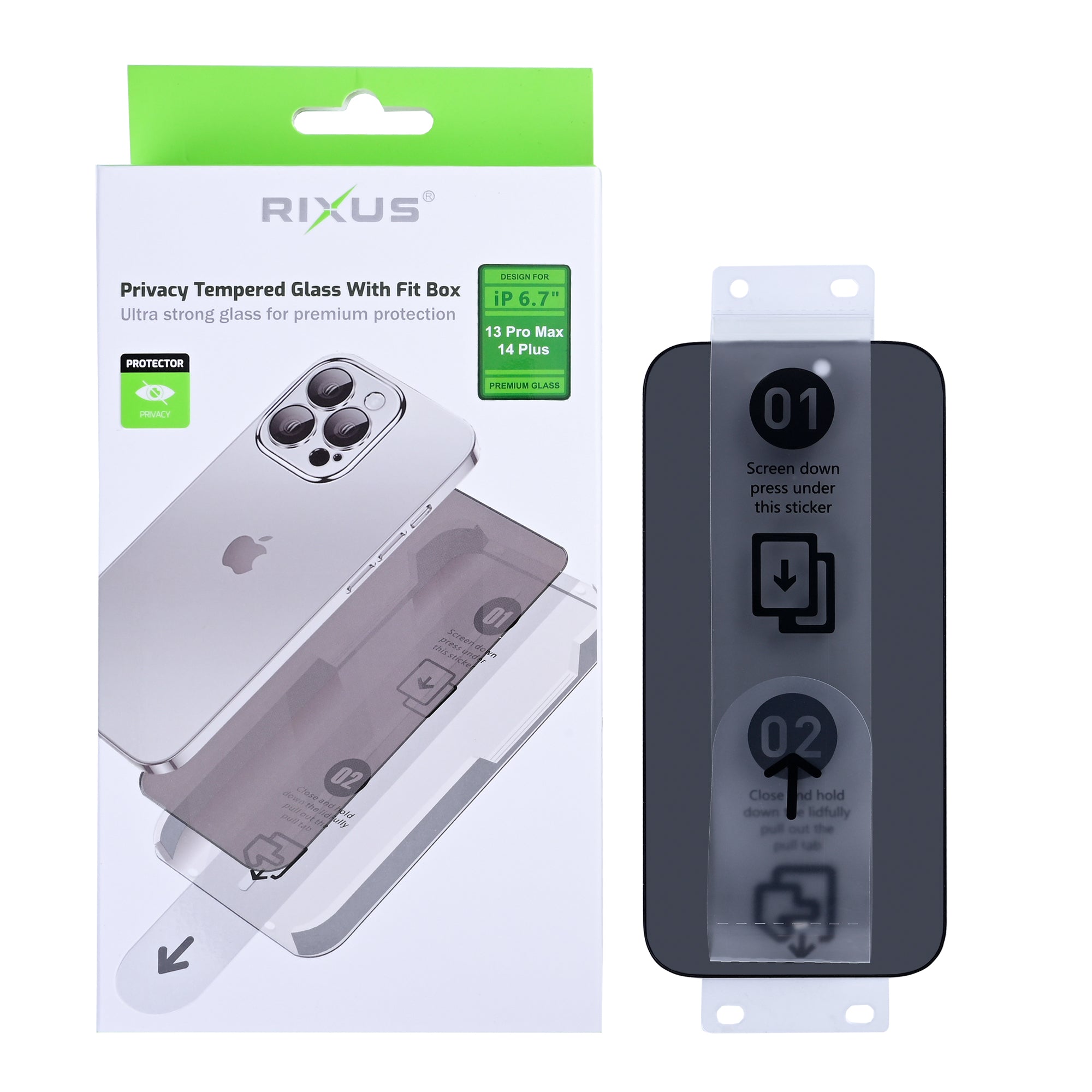 Rixus Privacy Panzerglas mit Fit Box für Apple iPhone 13 Pro Max, 14 Plus