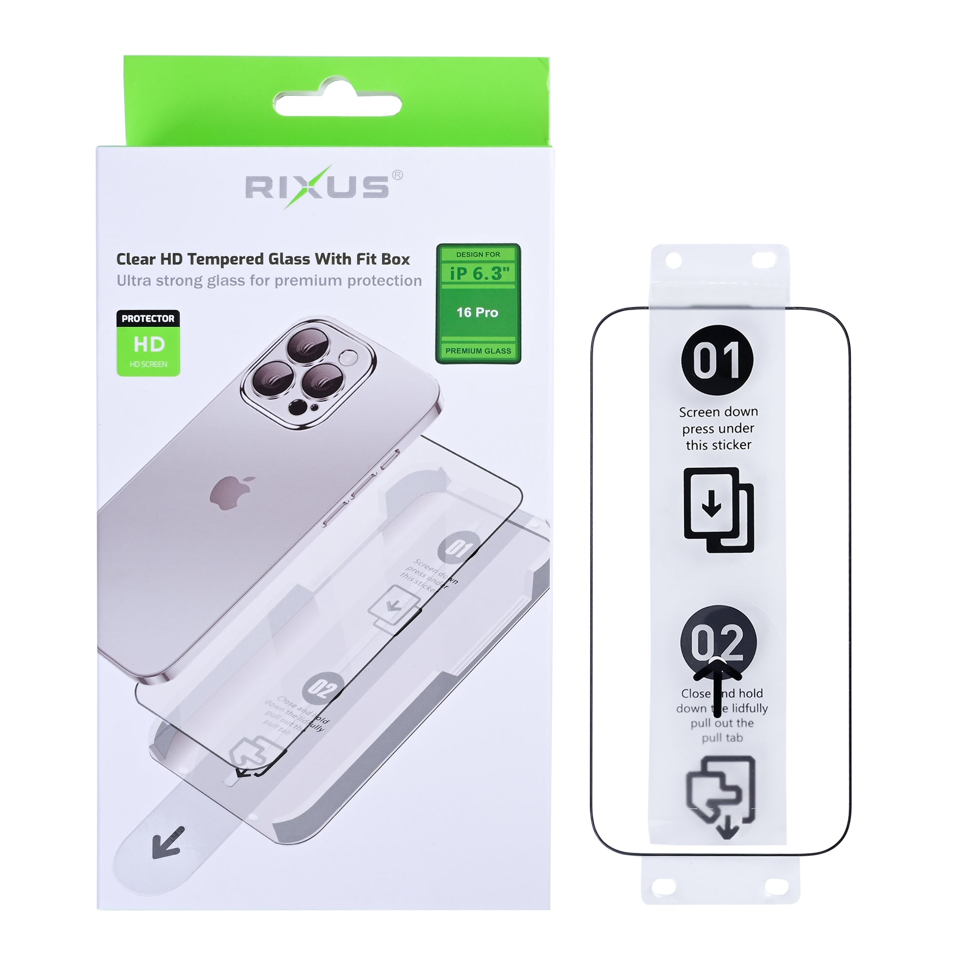 Rixus Clear HD Panzerglas mit Fit Box für Apple iPhone 16 Pro
