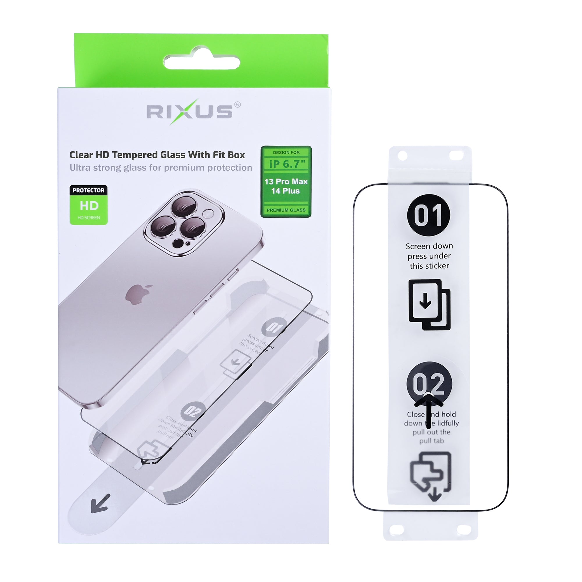 Rixus Clear HD Panzerglas mit Fit Box für Apple iPhone 13 Pro Max, 14 Plus