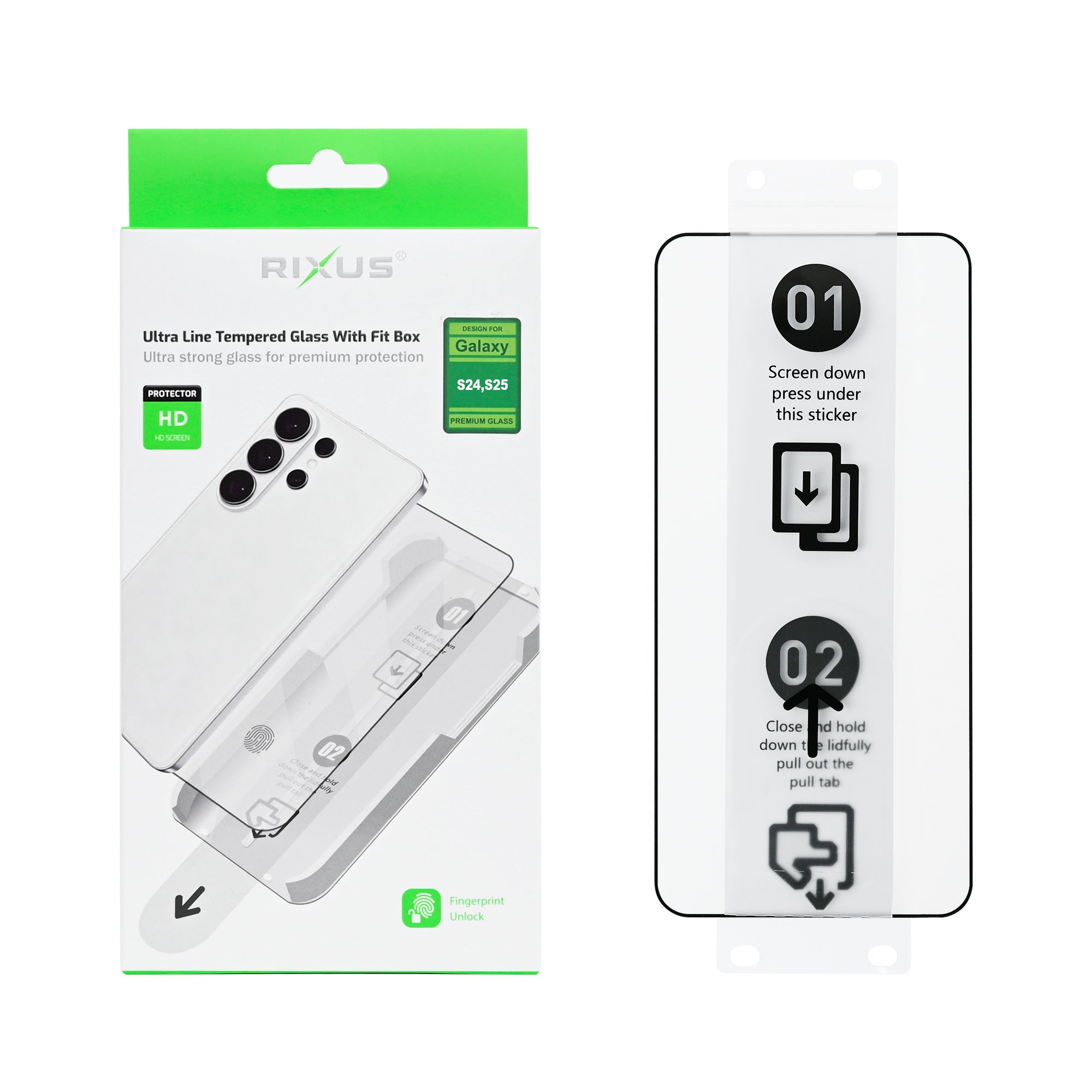 Rixus Ultra Line Panzerglas mit Fit Box für Samsung Galaxy S24, S25