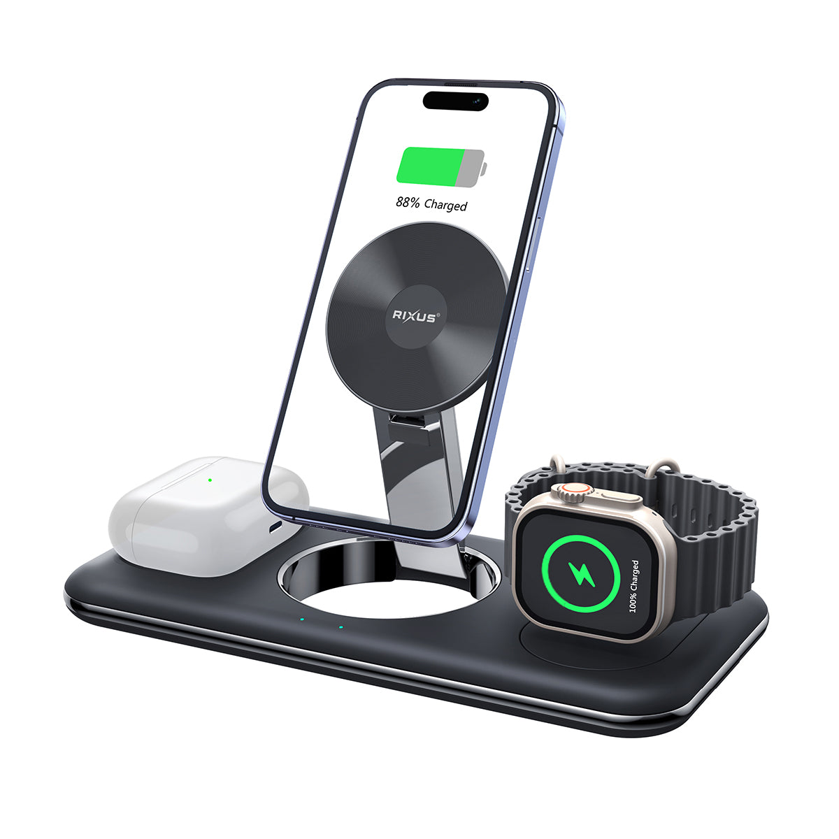 Rixus RXWC31 3 in 1 Wireless Charger Stand für Phone, Watch und Airpods Black