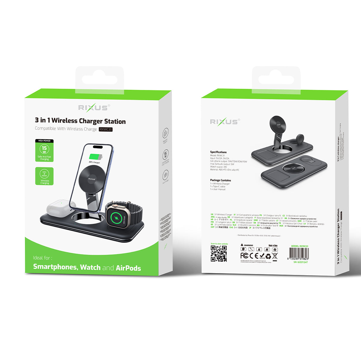 Rixus RXWC31 3 in 1 Wireless Charger Stand für Phone, Watch und Airpods Black – Bild 4