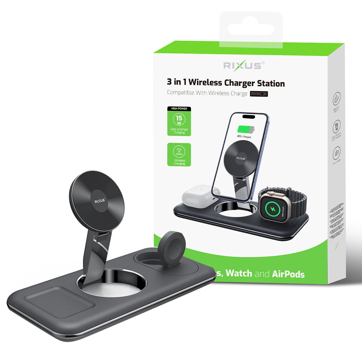 Rixus RXWC31 3 in 1 Wireless Charger Stand für Phone, Watch und Airpods Black – Bild 5