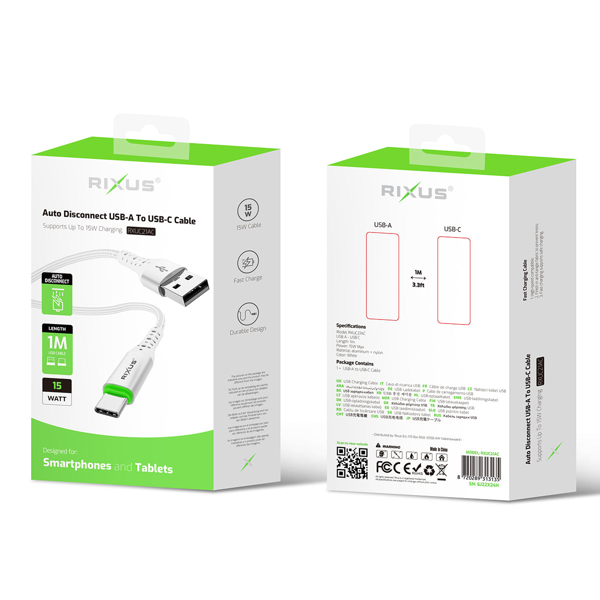 Rixus RXUC21AC Auto Disconnect USB-A To USB-C Kabel White – Bild 5