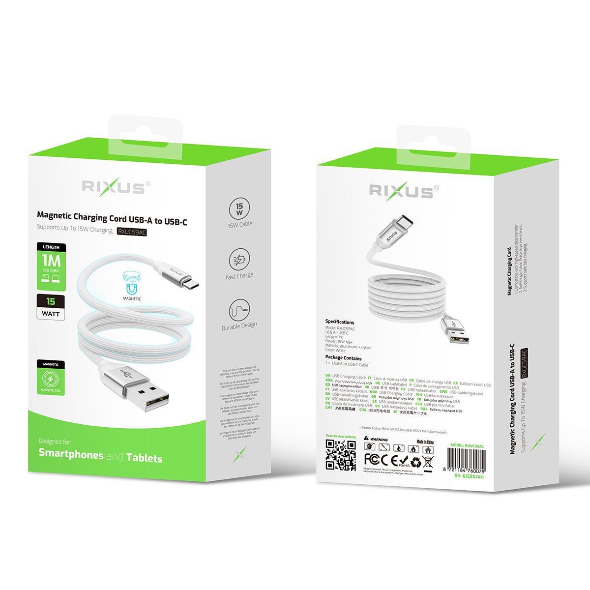 Rixus RXUC59AC Magnetic Charging Cord USB-A To USB-C 1m 15W White – Bild 4