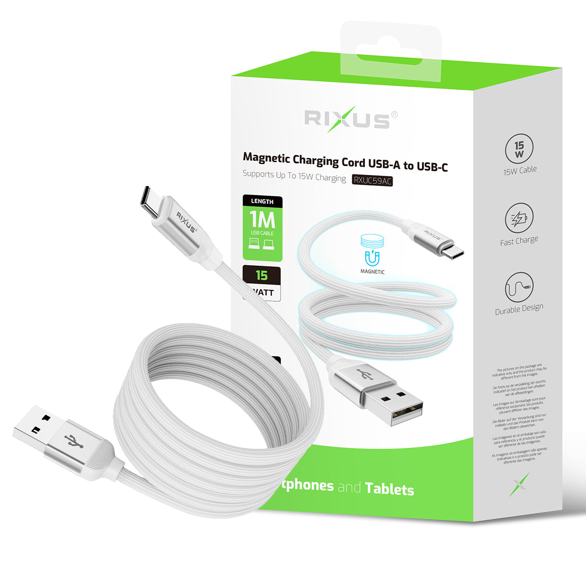 Rixus RXUC59AC Magnetic Charging Cord USB-A To USB-C 1m 15W White – Bild 5