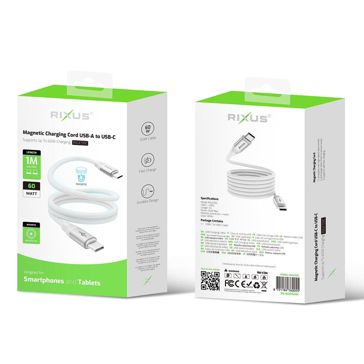 Rixus RXUC59C Magnetic Charging Cord USB-C To USB-C 1m 60W White – Bild 4