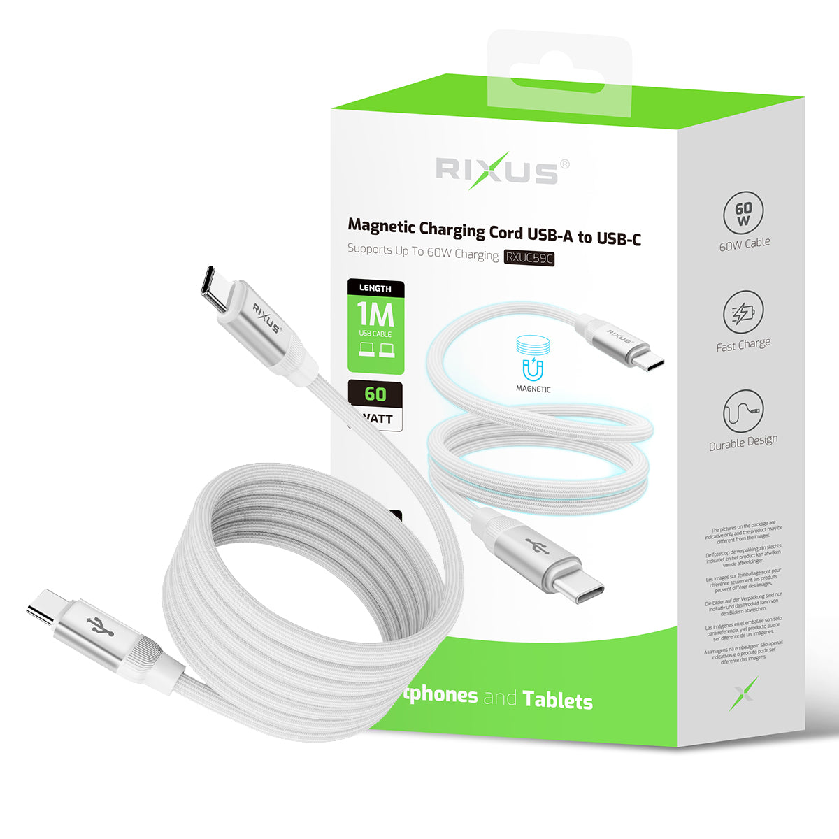 Rixus RXUC59C Magnetic Charging Cord USB-C To USB-C 1m 60W White – Bild 5