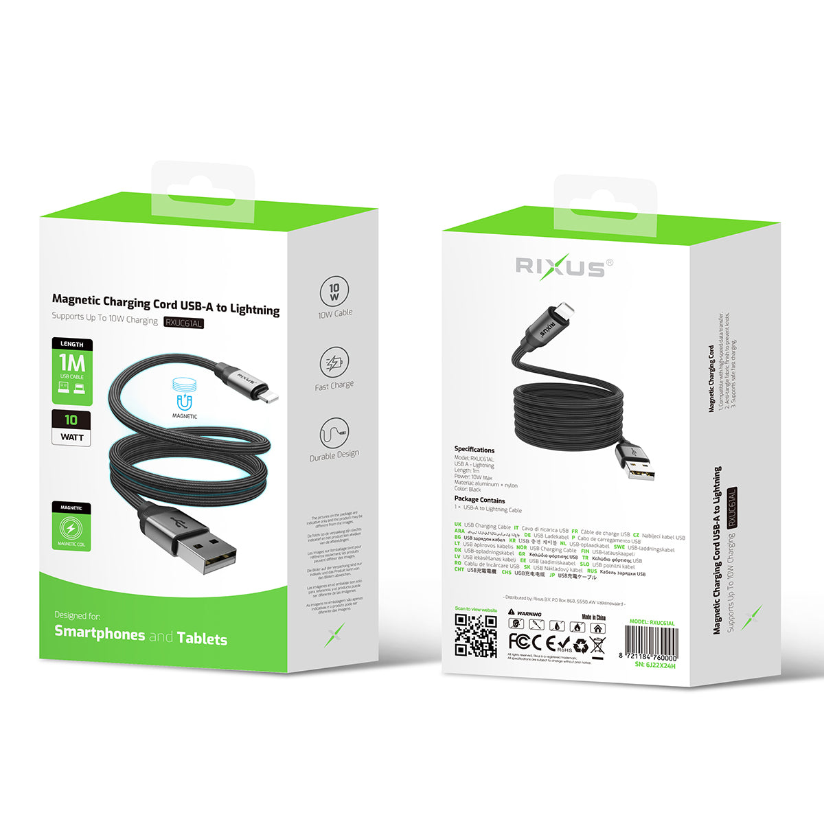 Rixus RXUC61AL Magnetic Charging Cord USB-A To Lightning Anschluss 1m 10W Black – Bild 4