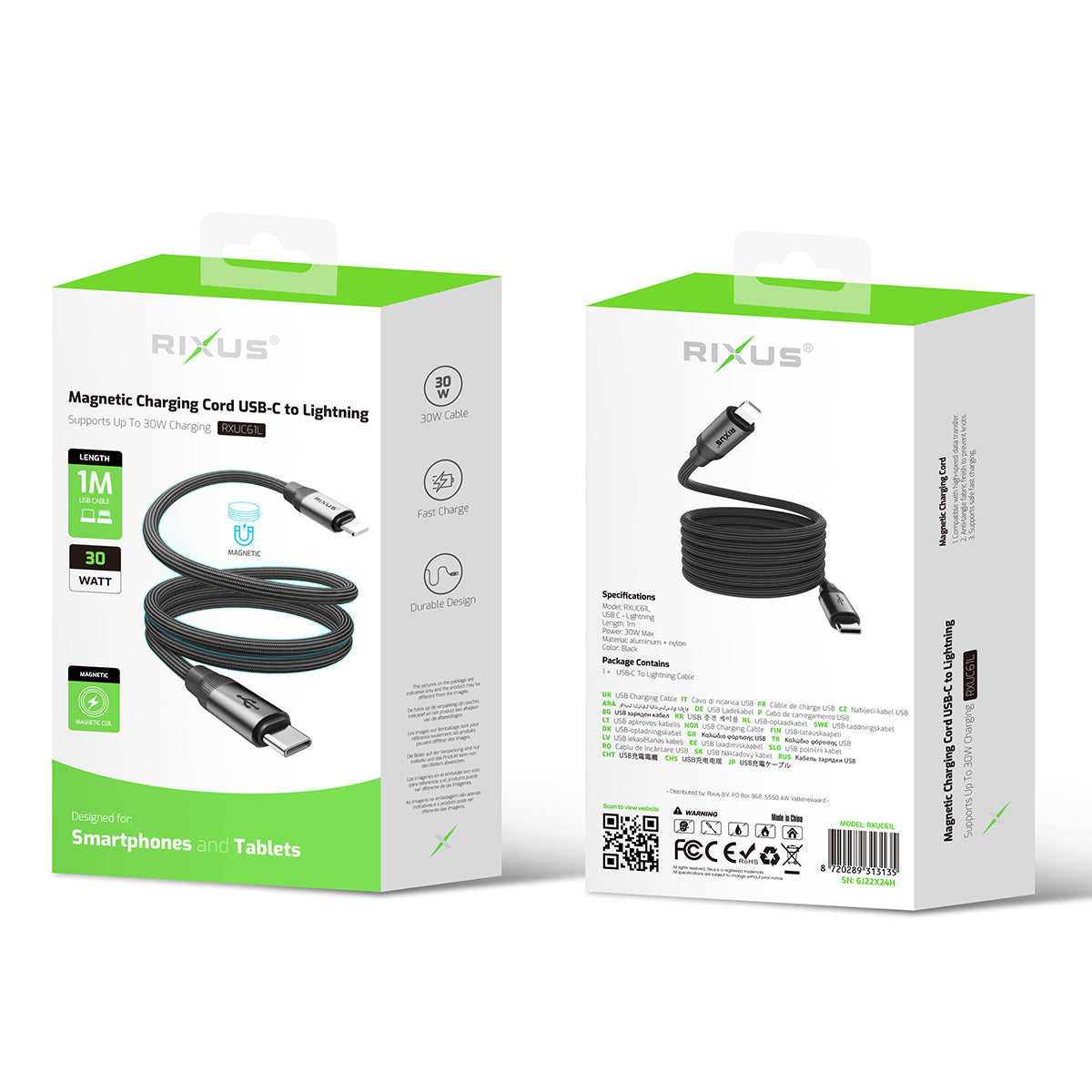 Rixus RXUC61L Magnetic Charging Cord USB-C To Lightning Anschluss 1m 30W Black – Bild 4
