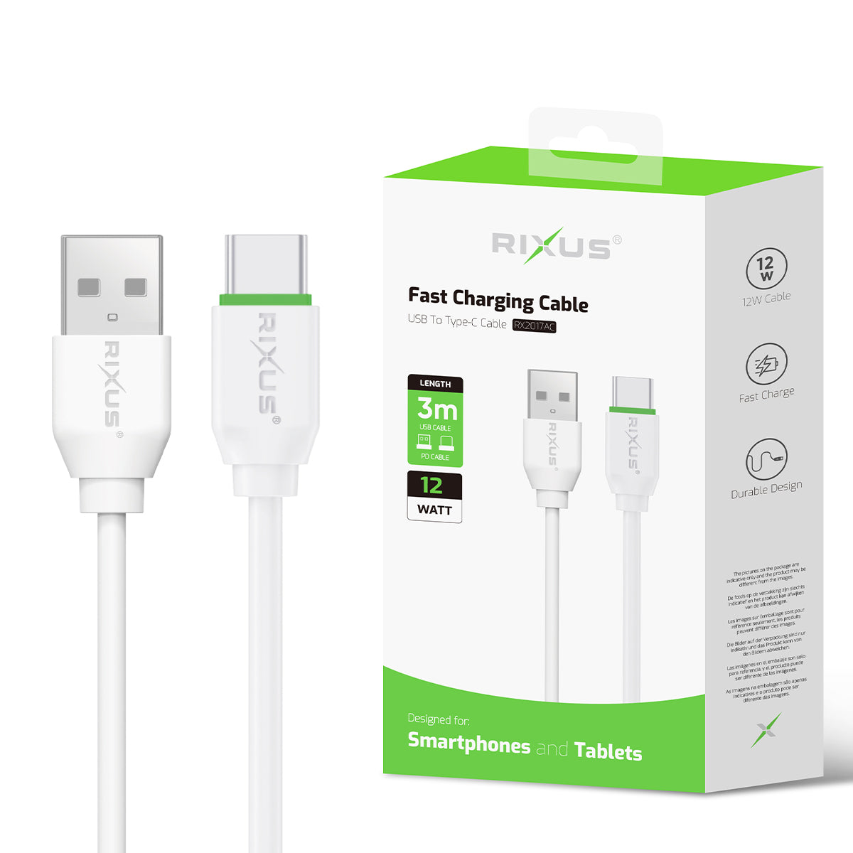 Rixus RX2017AC Data Sync und Fast Charge Kabel USB To USB-C 3m – Bild 4