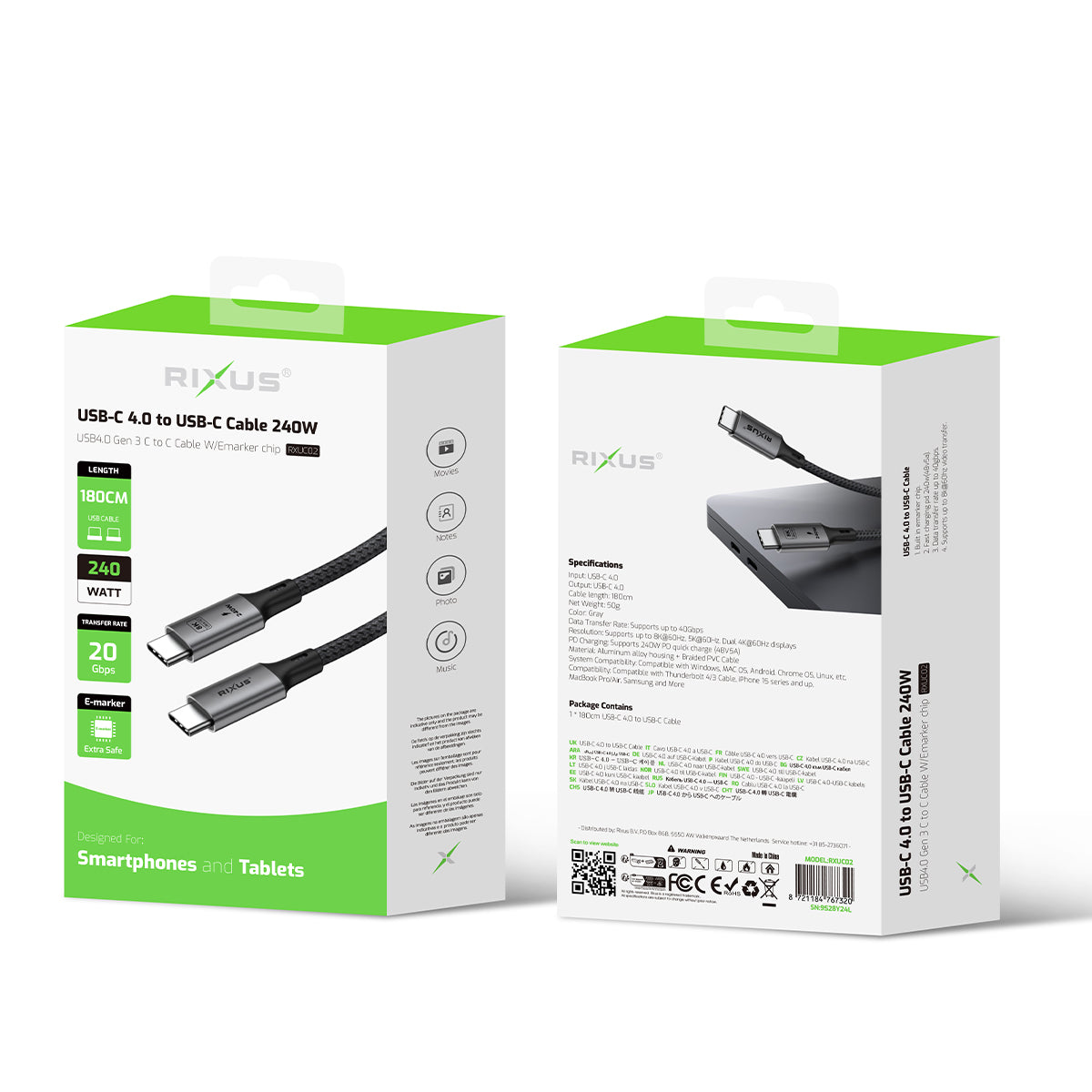 Rixus RXUC02 USB-C 4.0 To USB-C Kabel 1.8m 240W Grey – Bild 5