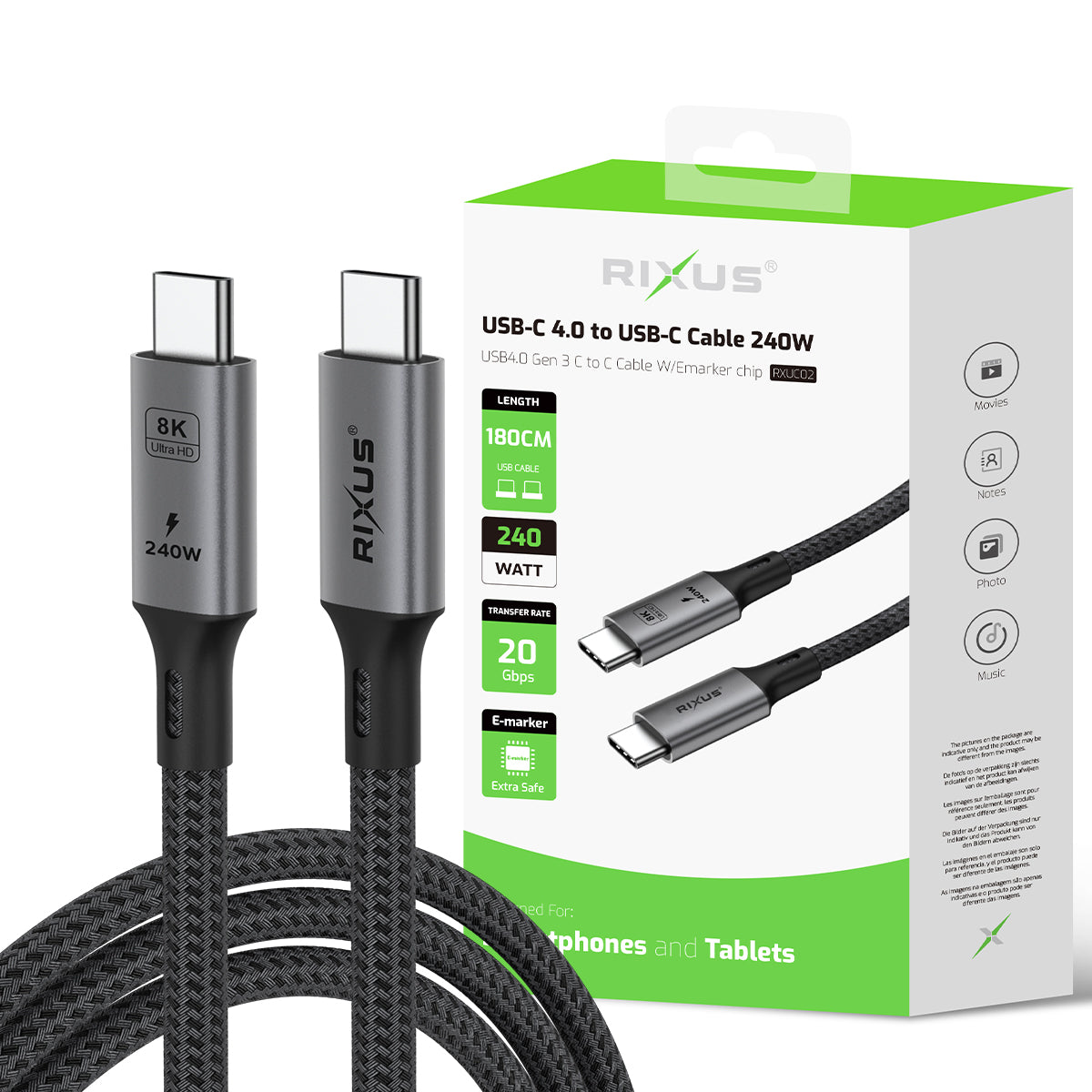 Rixus RXUC02 USB-C 4.0 To USB-C Kabel 1.8m 240W Grey – Bild 6