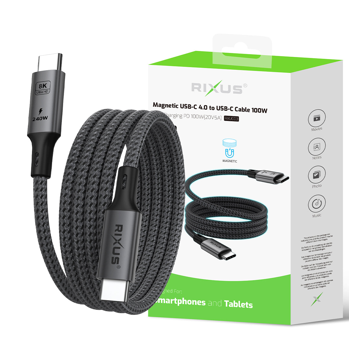 Rixus RXUC03 Magnetic USB-C 4.0 To USB-C Kabel Easy Roll Up 1.5m 100W Space Gray – Bild 6