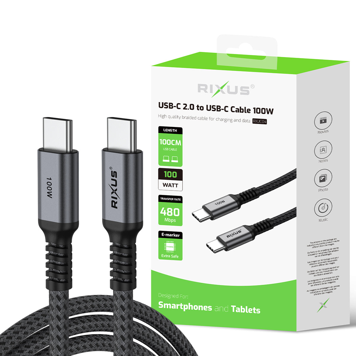 Rixus RXUC04 USB-C 2.0 To USB-C Kabel 1m 100W Space Gray – Bild 6