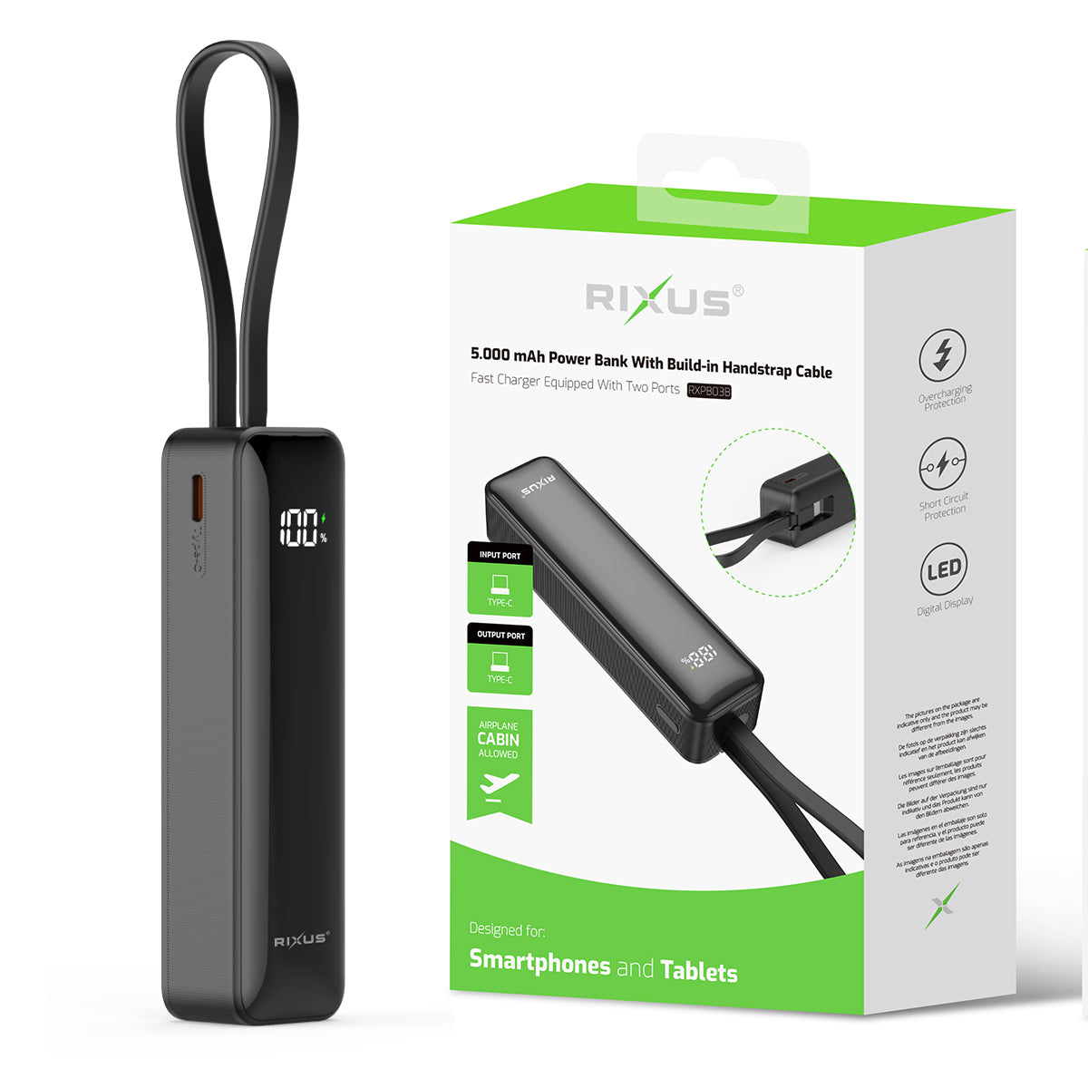 Rixus RXPB03B Digital Display Powerbank 5000mAh mit USB-C Kabel Built-in Black – Bild 5