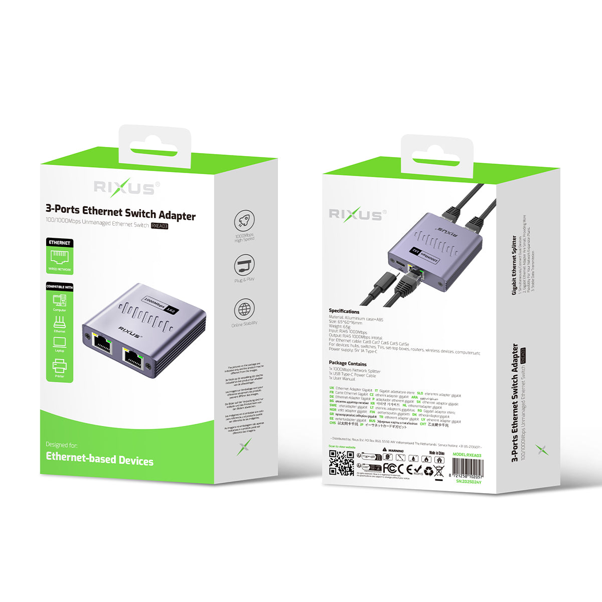 Rixus RXEA03 3-Ports Ethernet Switch Adapter Gray – Bild 4