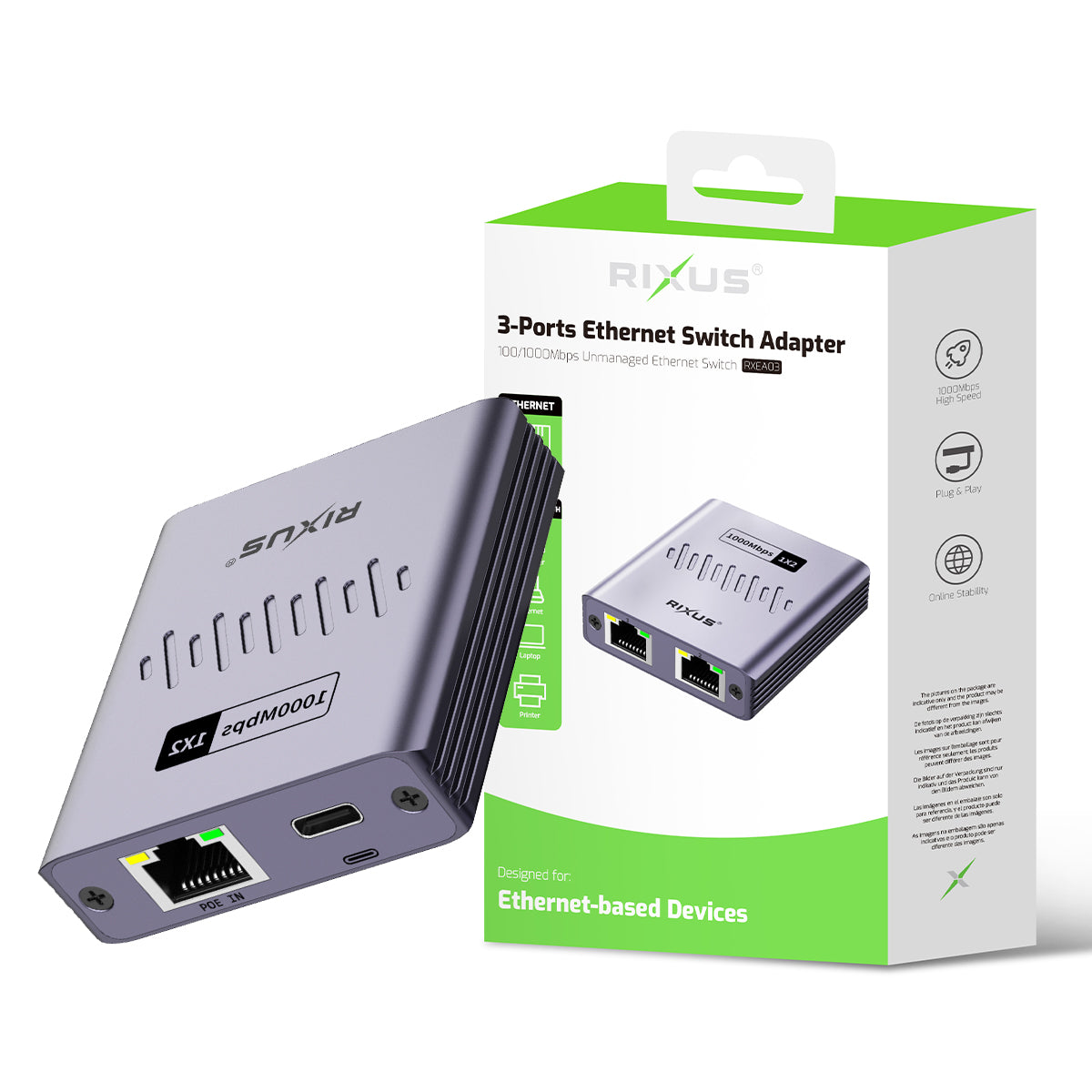 Rixus RXEA03 3-Ports Ethernet Switch Adapter Gray – Bild 5