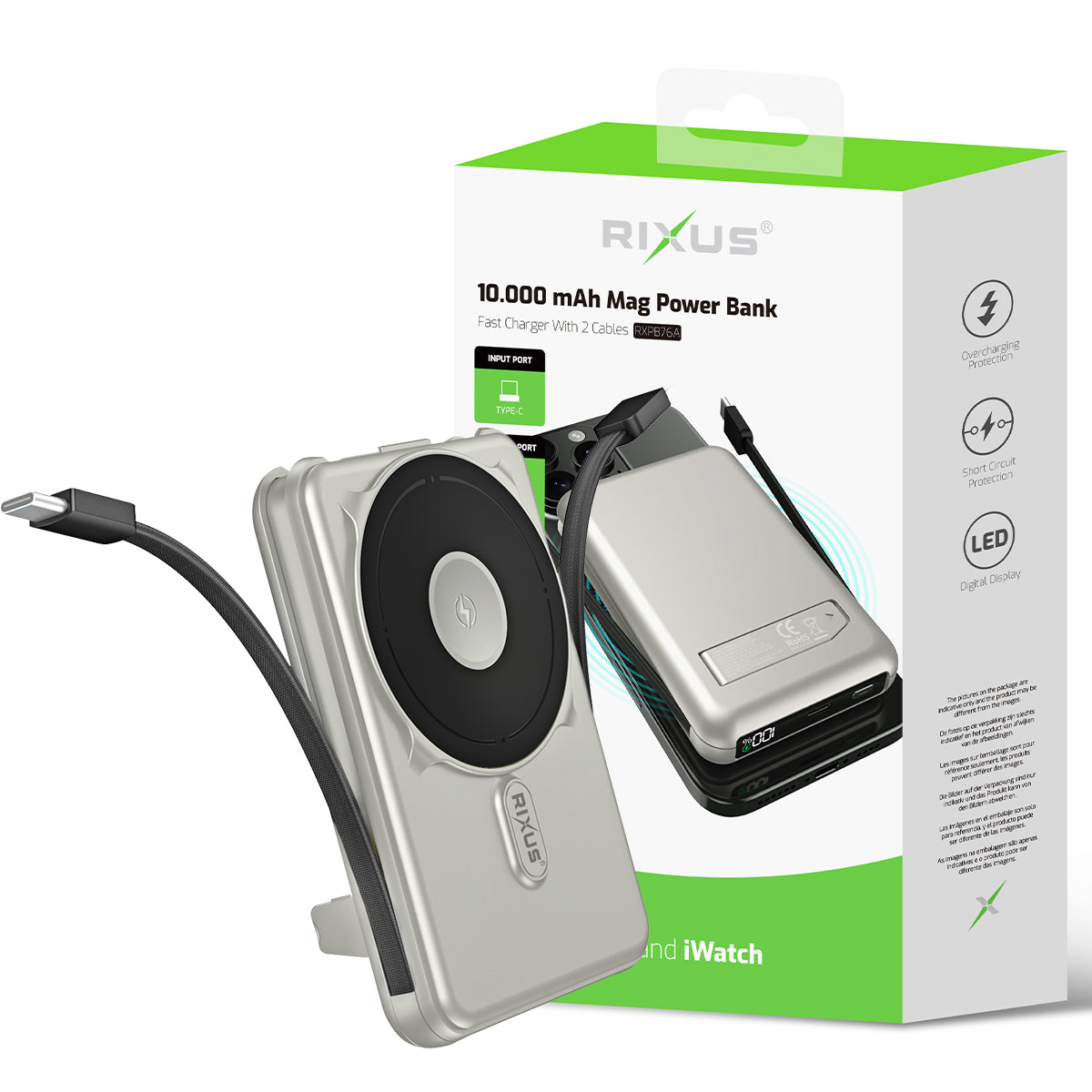 Rixus RXPB76A MagSafe kompatibel Powerbank 10000mAh mit Built-in Kabel Silver – Bild 5